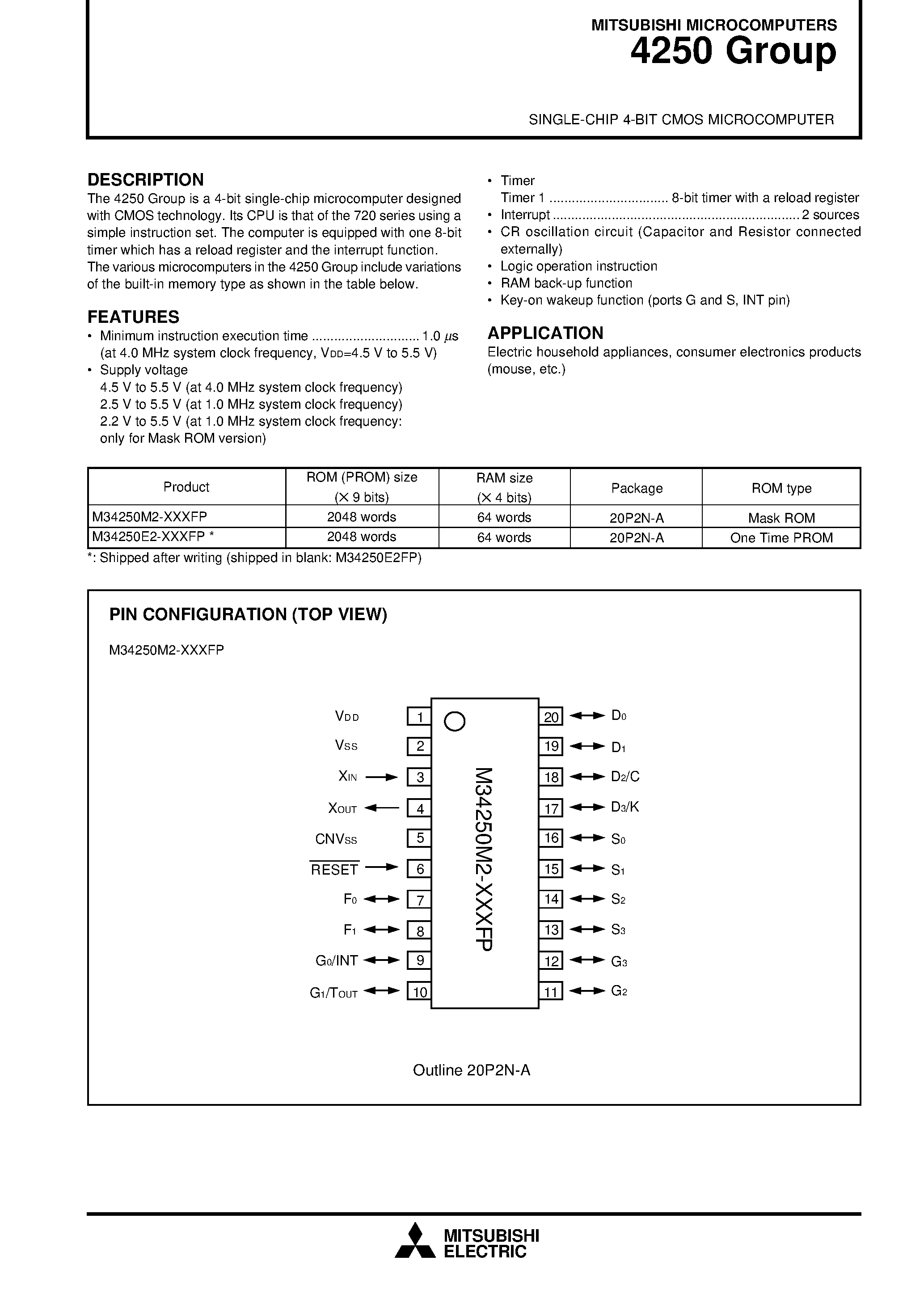 Datasheet M34250M2 - SINGLE-CHIP 4-BIT CMOS MICROCOMPUTER page 1