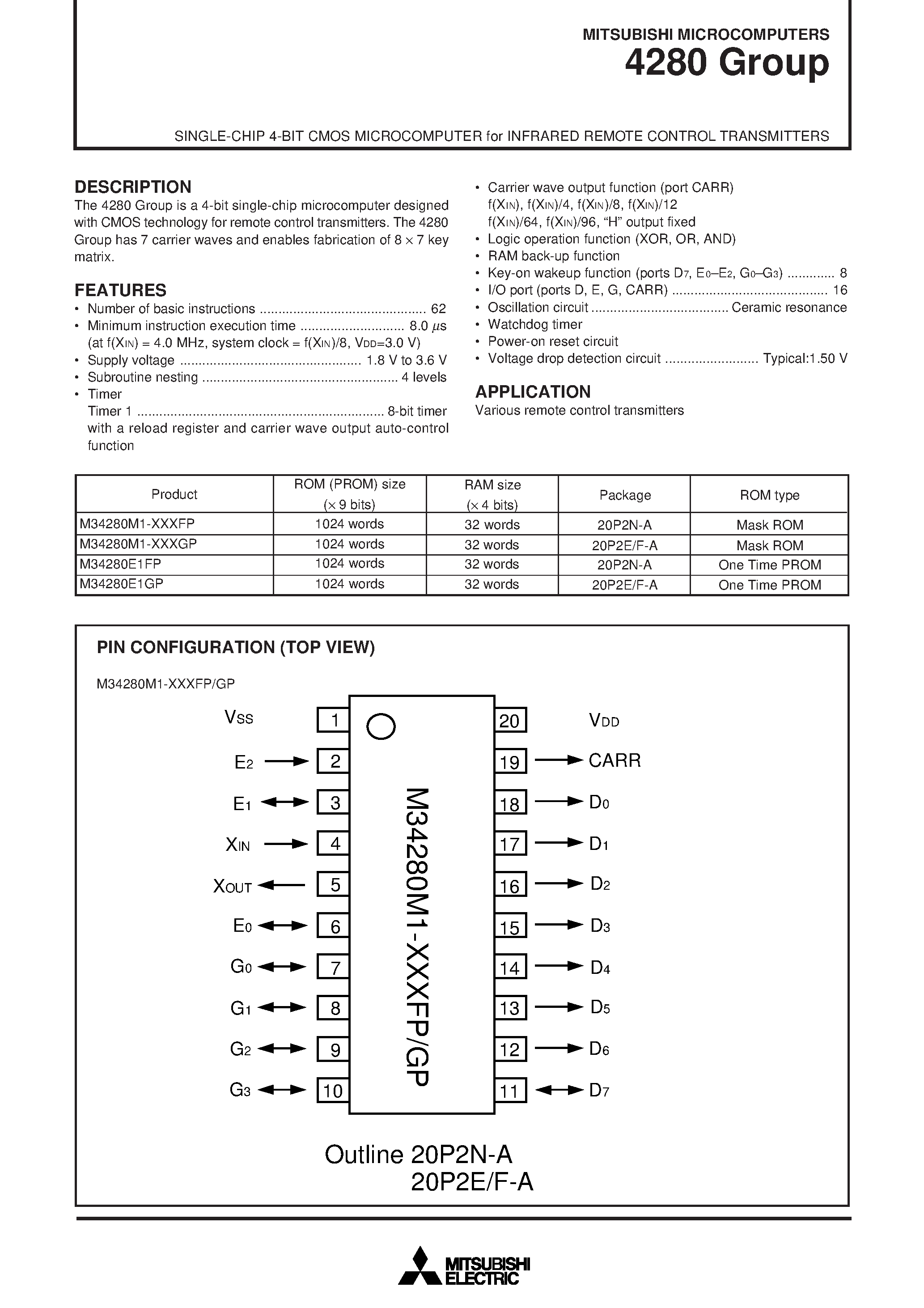 Datasheet M34280E1FP - SINGLE-CHIP 4-BIT CMOS MICROCOMPUTER for INFRARED REMOTE CONTROL TRANSMITTERS page 1