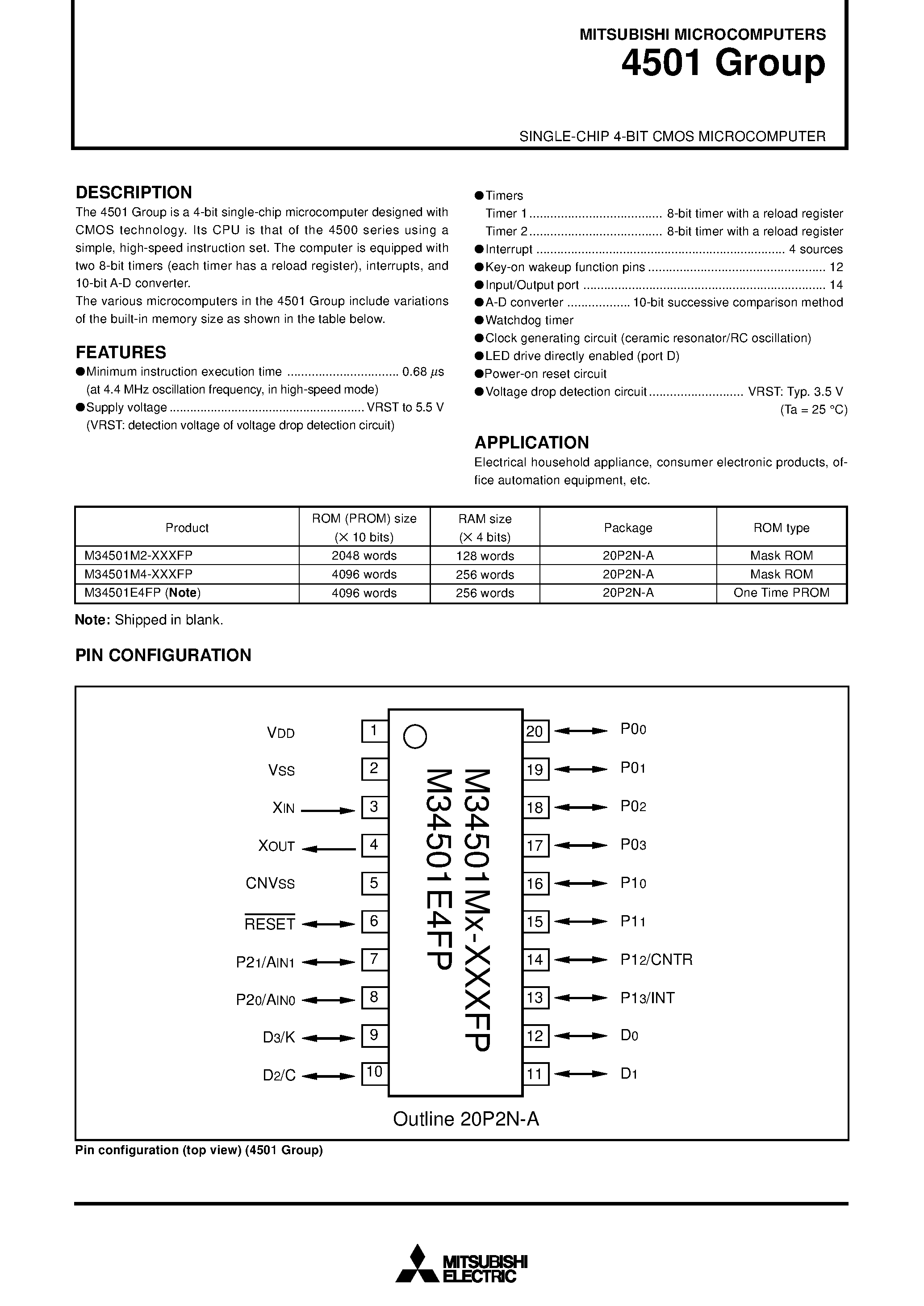 Datasheet M34501M4 - SINGLE-CHIP 4-BIT CMOS MICROCOMPUTER page 1