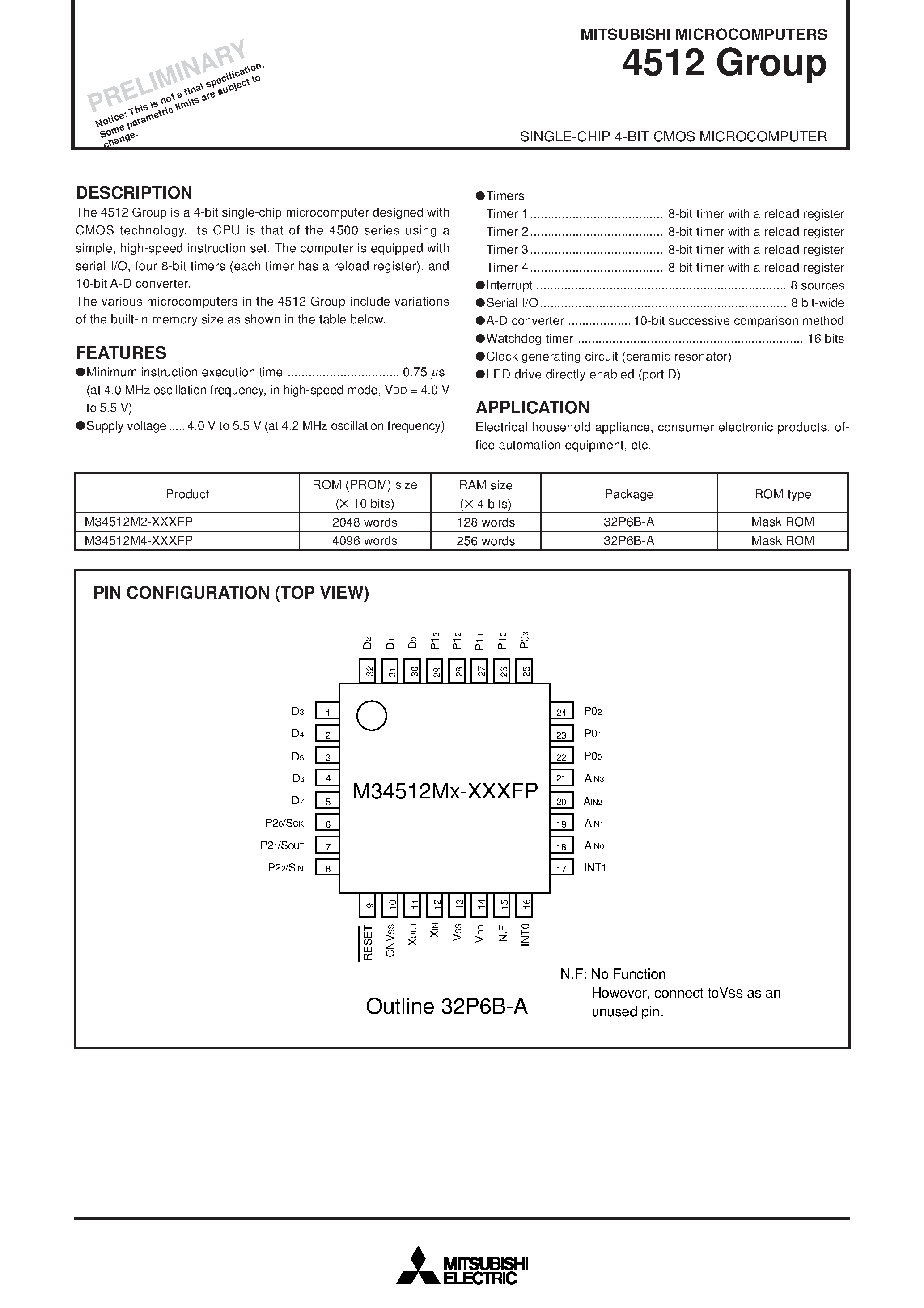 Datasheet M34512M2 - SINGLE-CHIP 4-BIT CMOS MICROCOMPUTER page 1