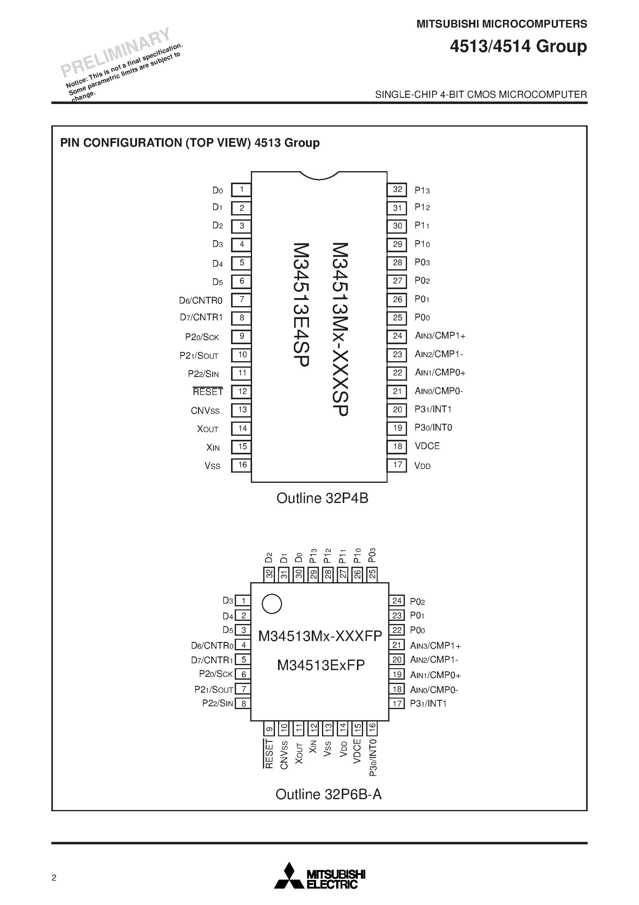 Datasheet M34513E4FP - SINGLE-CHIP 4-BIT CMOS MICROCOMPUTER page 2