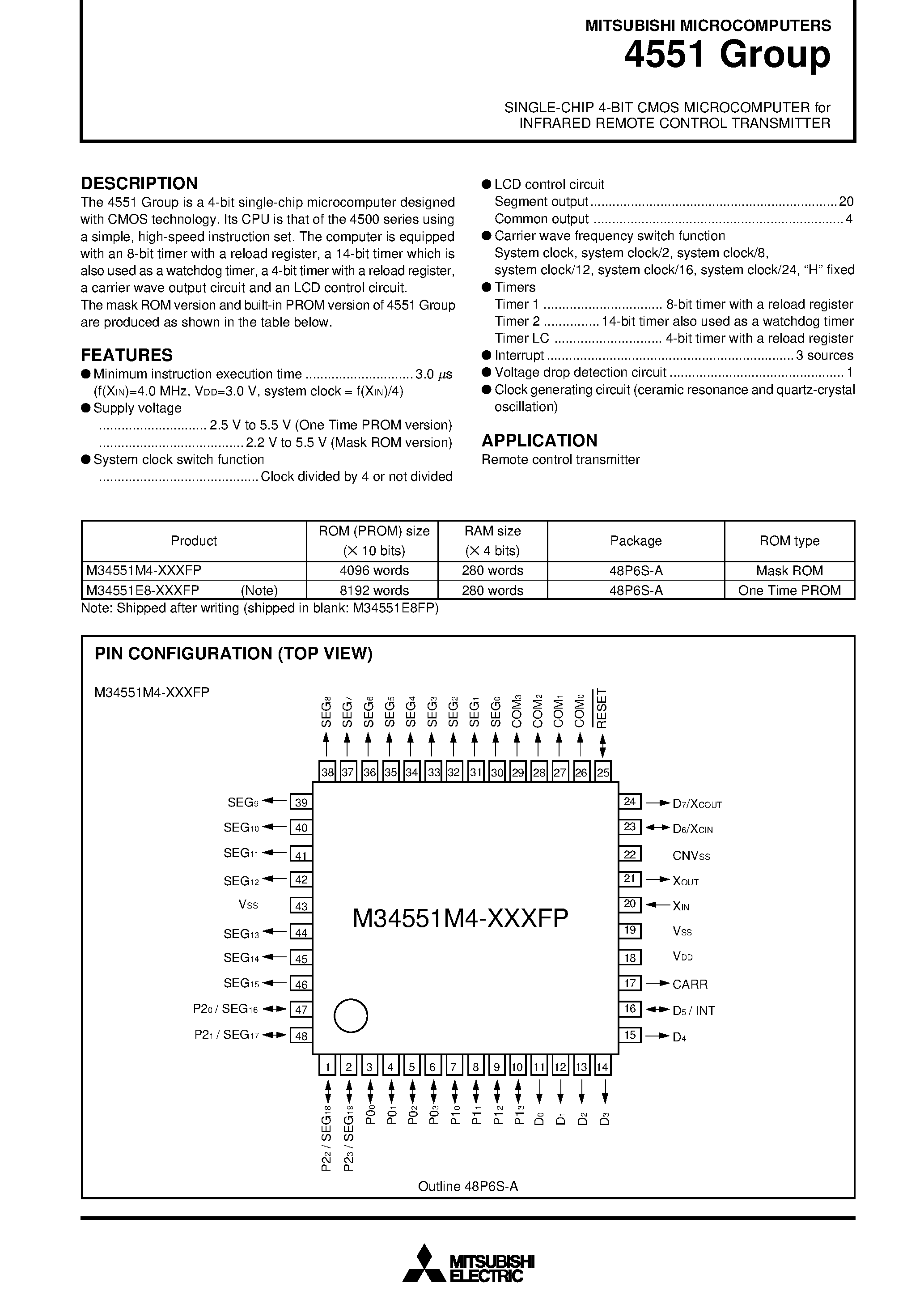 Datasheet M34551 - 4-BIT SINGLE-CHIP MICROCOMPUTER page 1