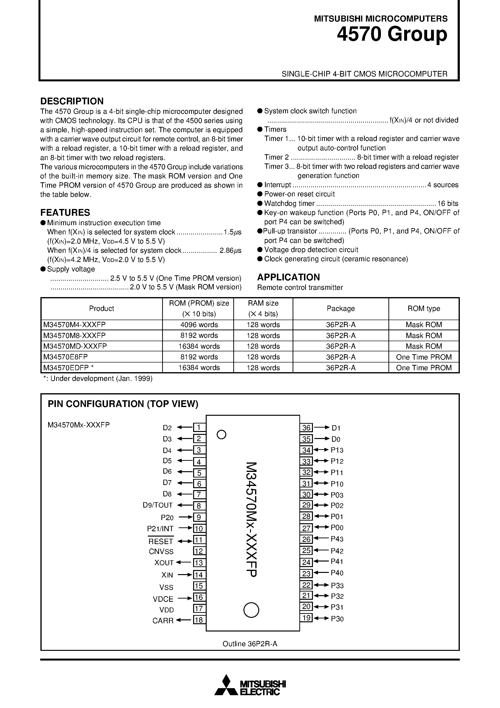 Datasheet M34570M4 - SINGLE-CHIP 4-BIT CMOS MICROCOMPUTER page 1