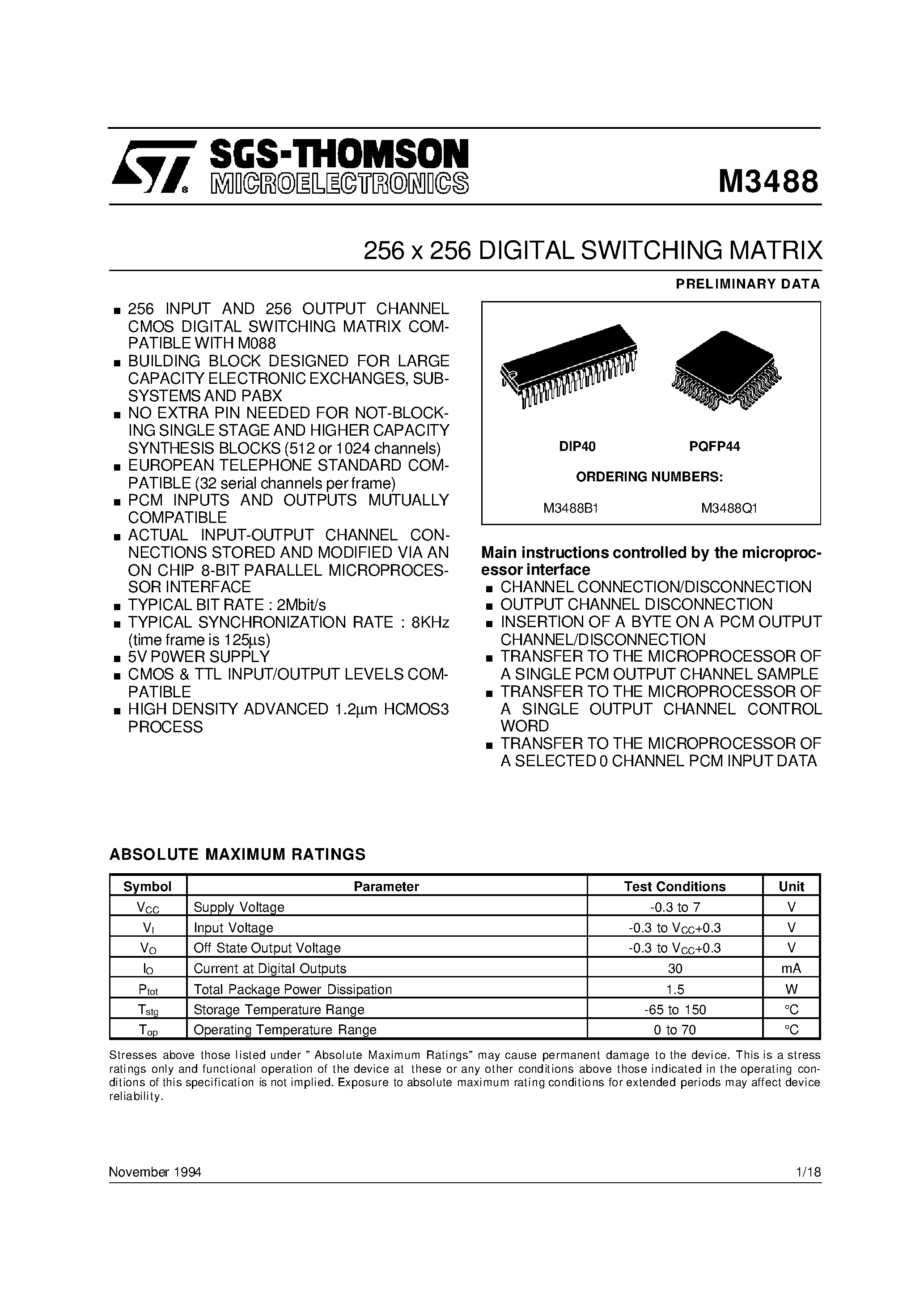 Datasheet M3488 - 256 x 256 DIGITAL SWITCHING MATRIX page 1