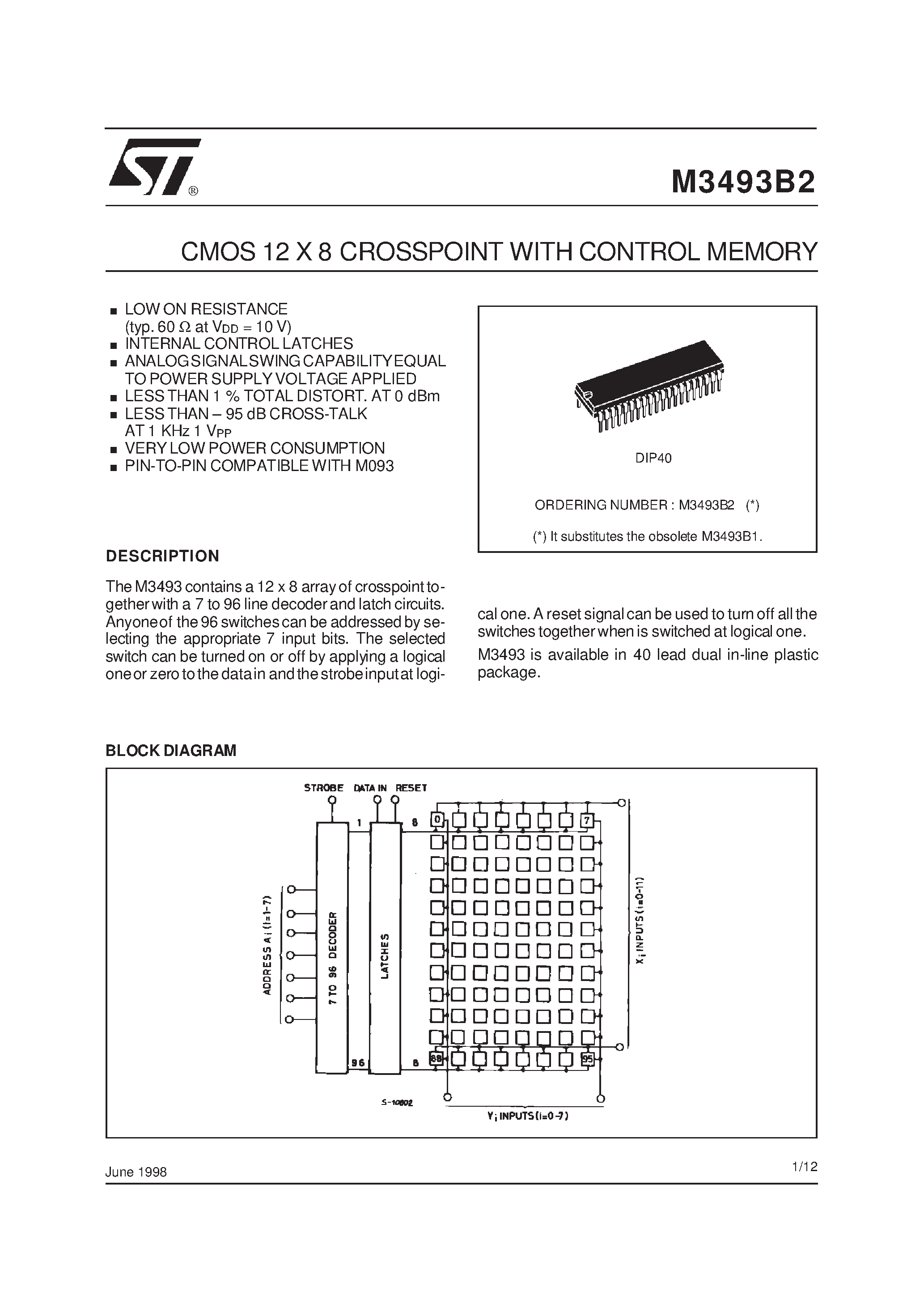 Datasheet M3493B2 - CMOS 12 X 8 CROSSPOINTWITH CONTROL MEMORY page 1