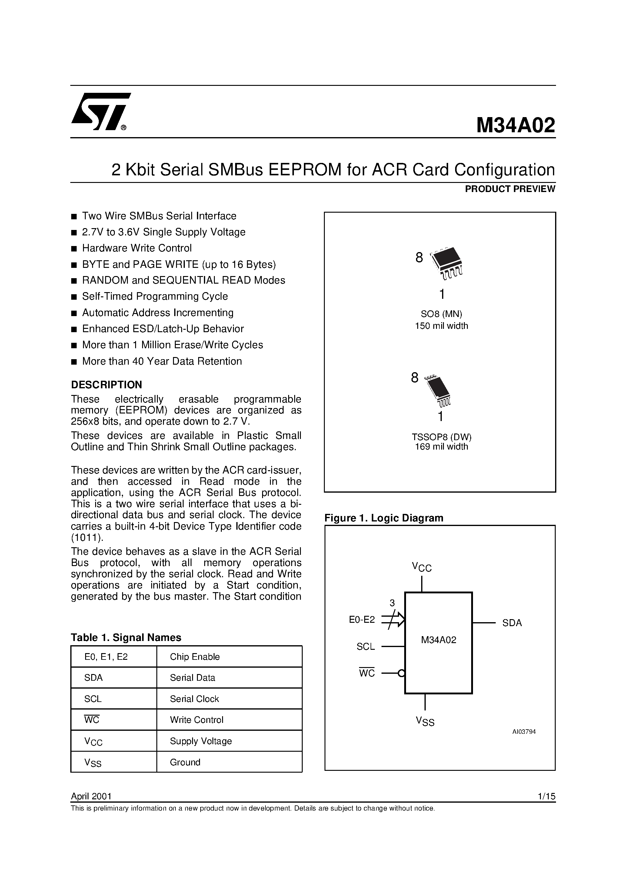 Даташит M34A08-VMN6T - 2 Kbit Serial SMBus EEPROM for ACR Card Configuration страница 1