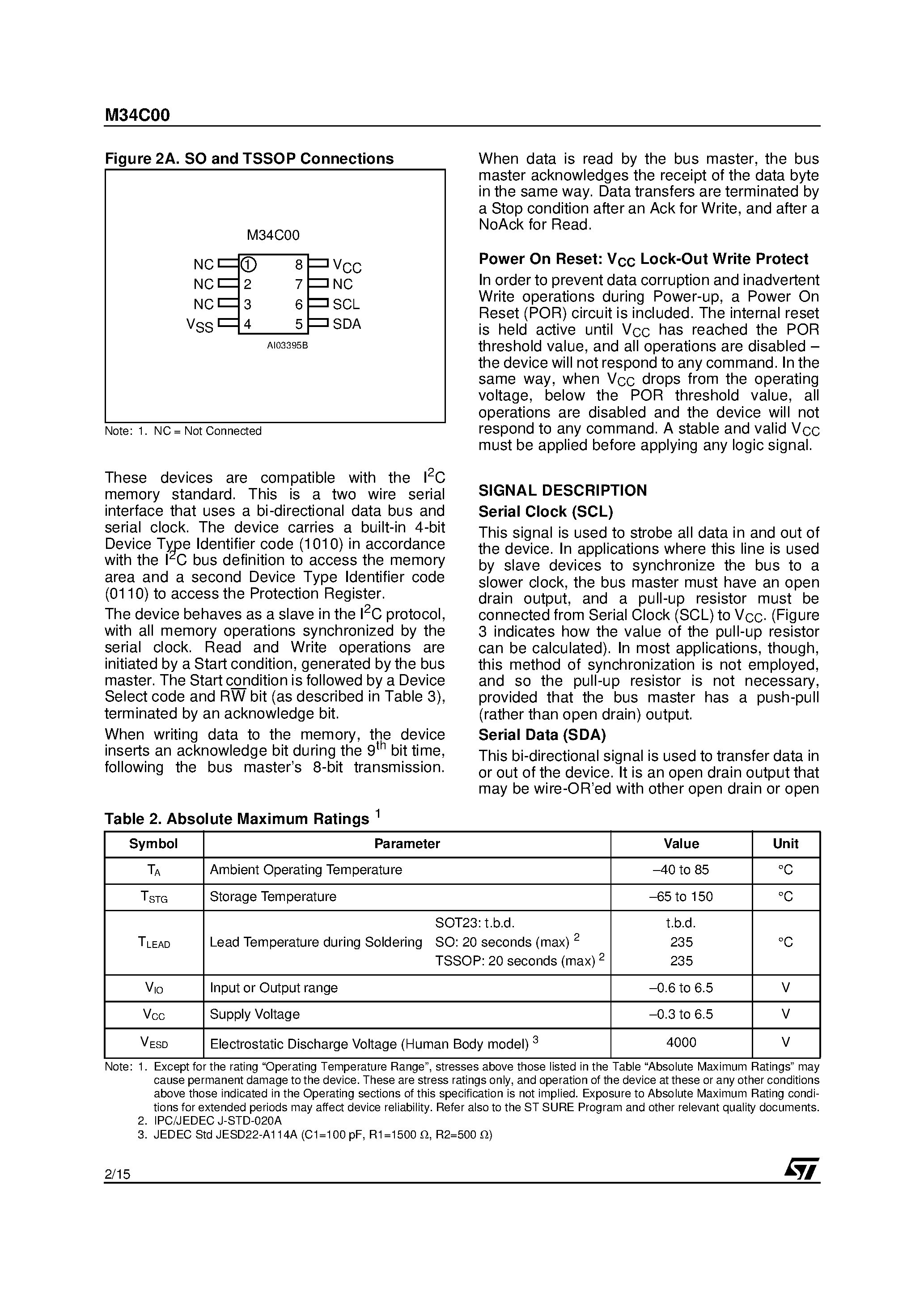 Datasheet M34C00 - 3 x 128 bit Serial IC Bus EEPROM For ee-Tags page 2