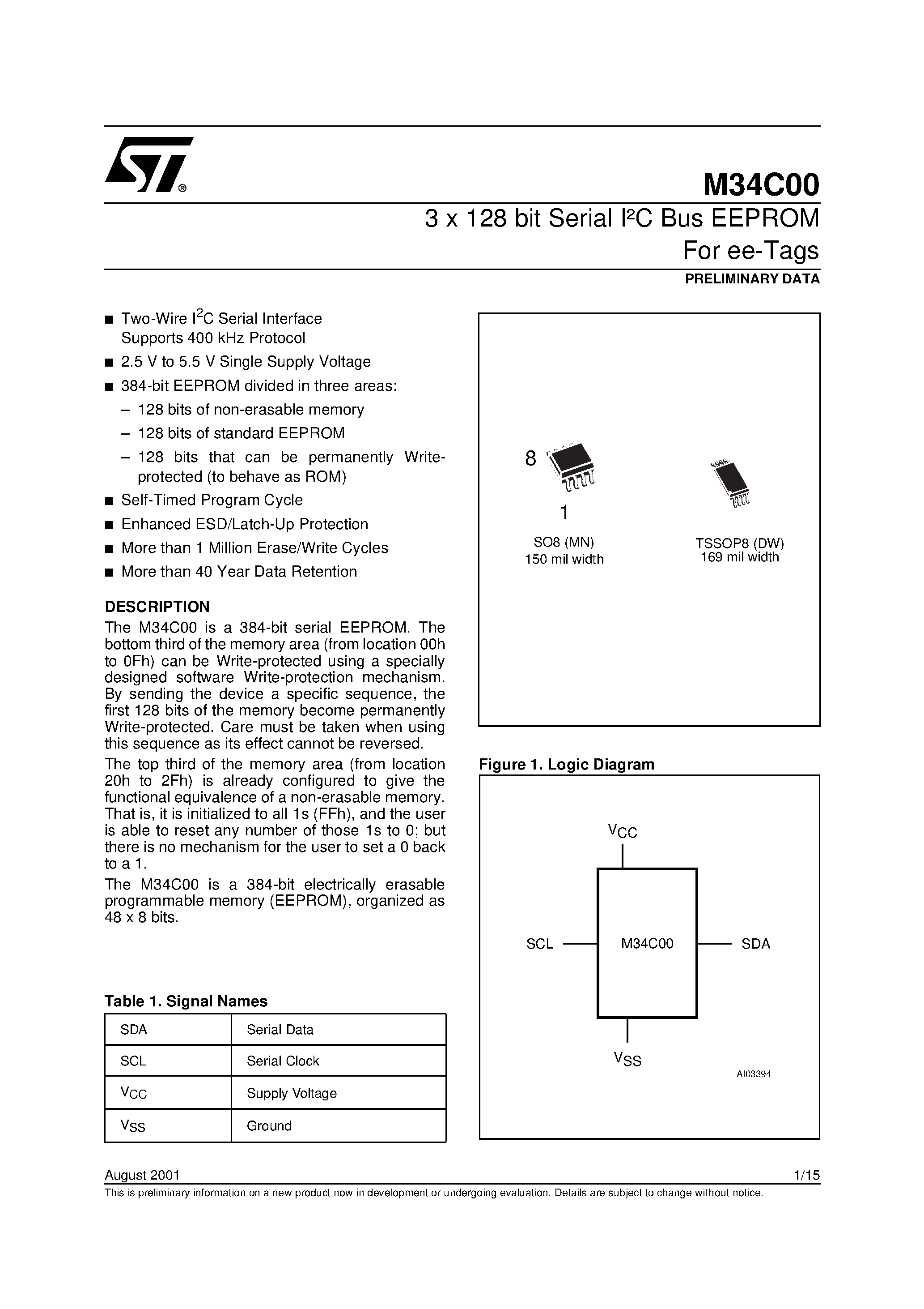 Datasheet M34C00DW - 3 x 128 bit Serial IC Bus EEPROM For ee-Tags page 1
