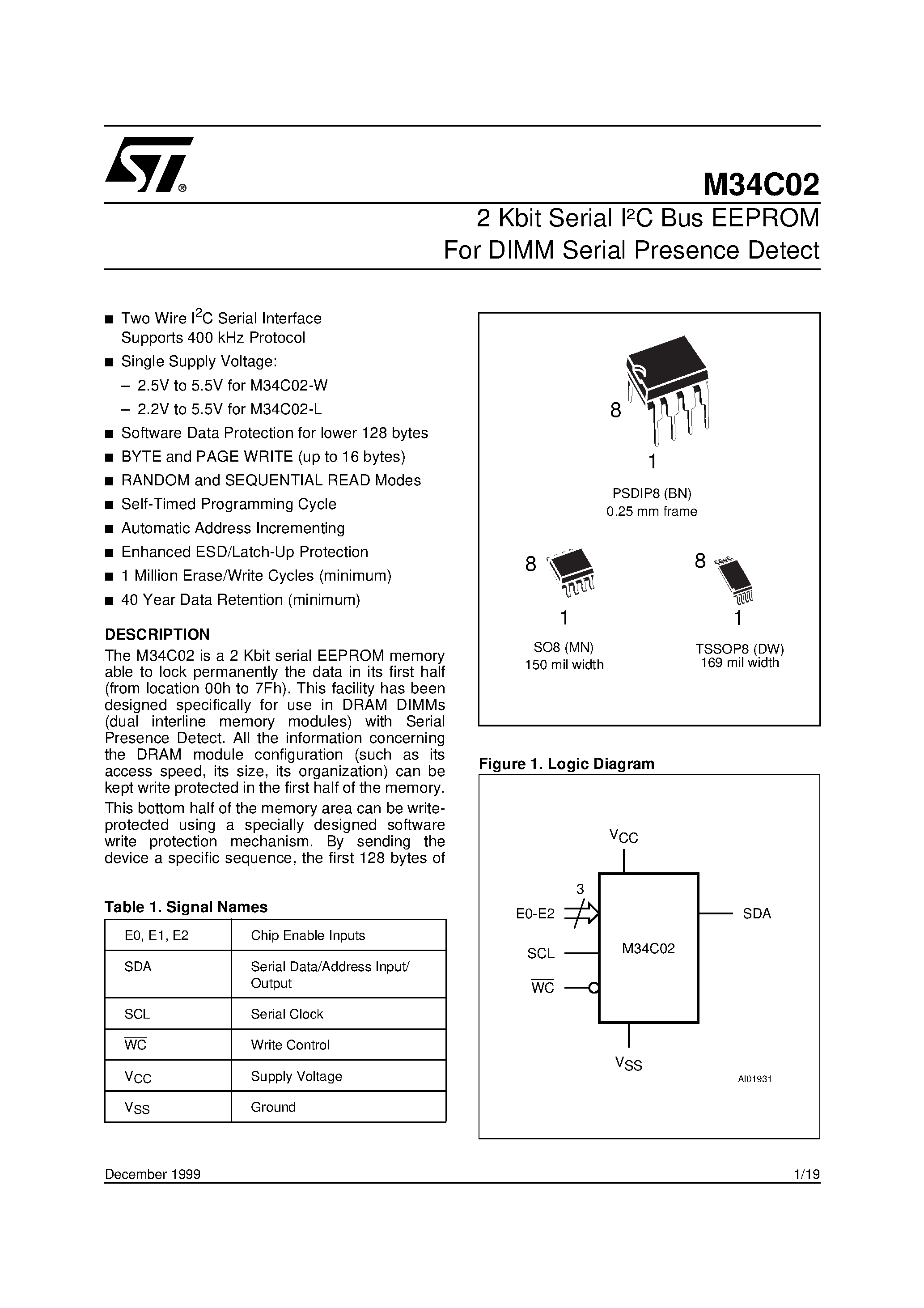 Даташит M34C02 - 2 Kbit Serial IC Bus EEPROM For DIMM Serial Presence Detect страница 1