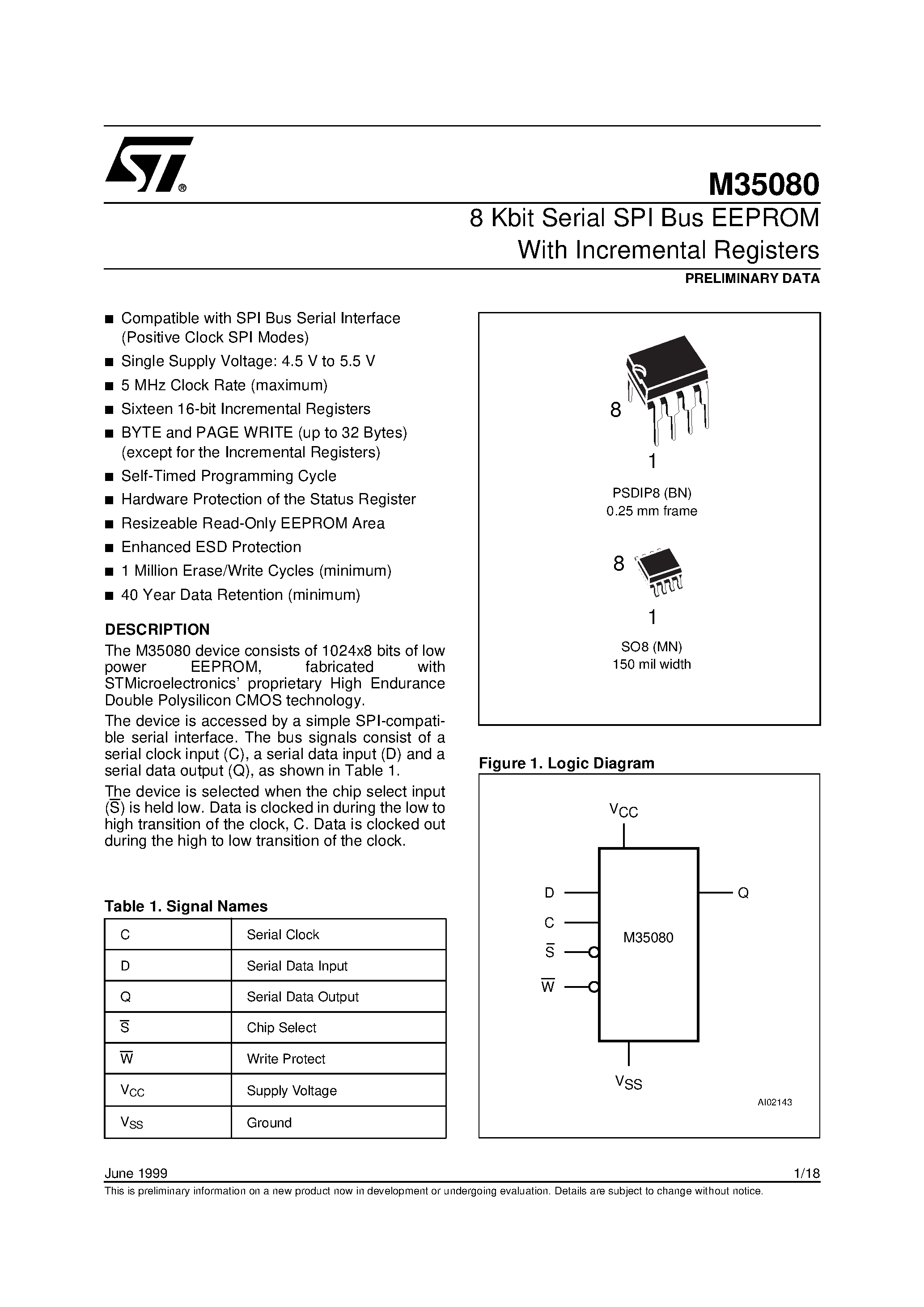 Datasheet M35080BN - 8 Kbit Serial SPI Bus EEPROM With Incremental Registers page 1