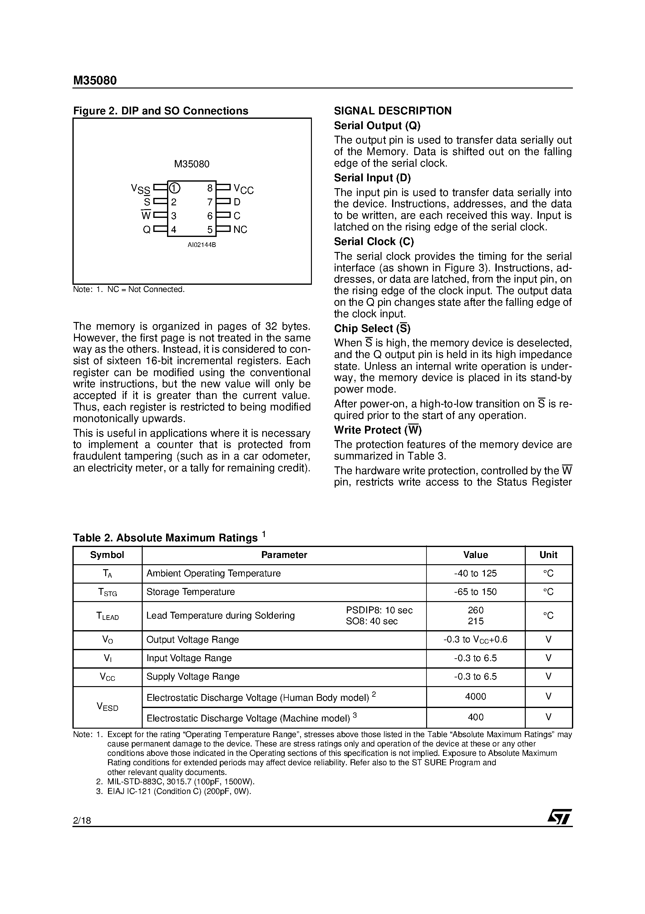 Datasheet M35080BN - 8 Kbit Serial SPI Bus EEPROM With Incremental Registers page 2