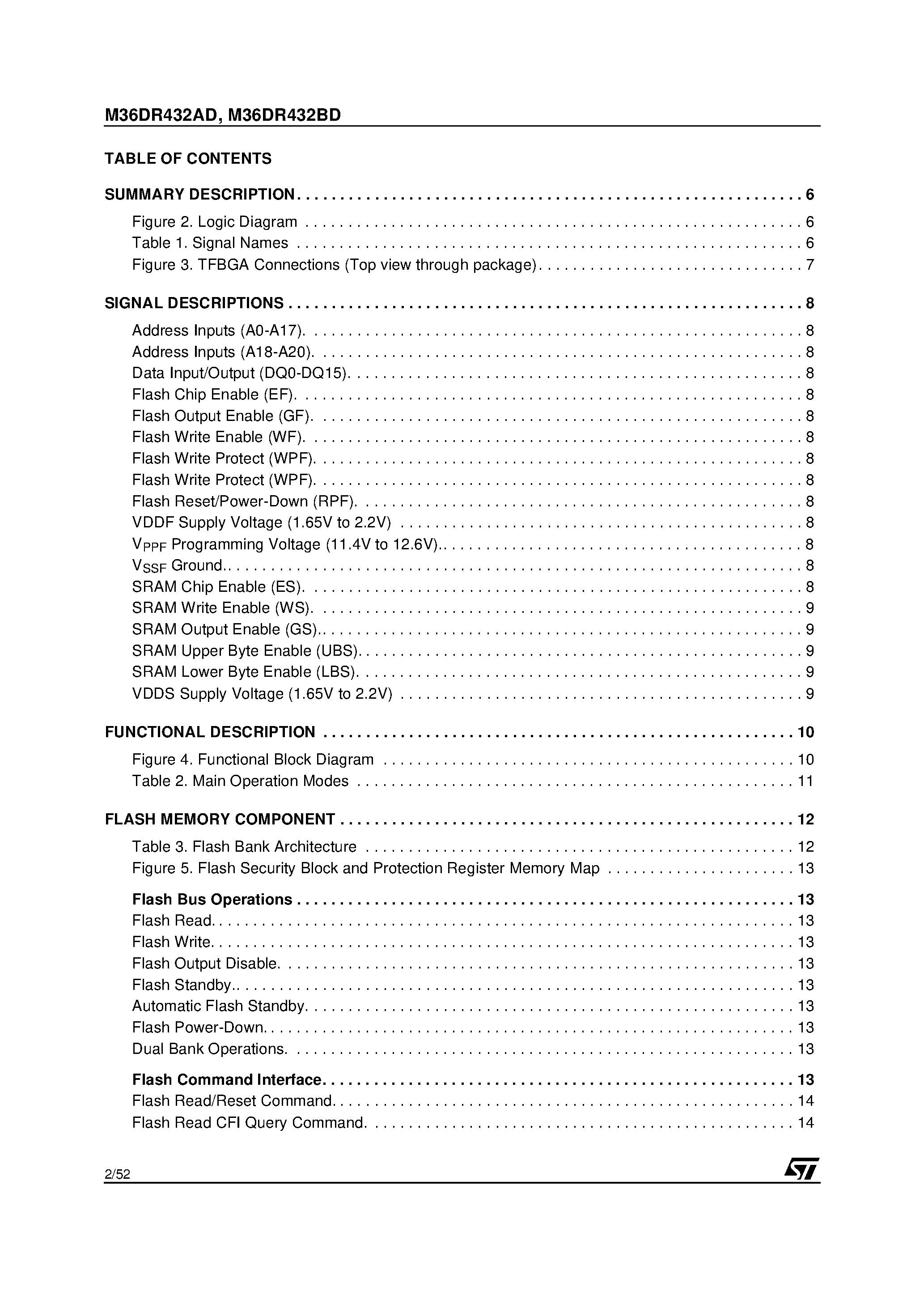 Datasheet M36DR432AD - 32 Mbit 2Mb x16 / Dual Bank / Page Flash Memory and 4 Mbit 256Kb x16 SRAM / Multiple Memory Product page 2