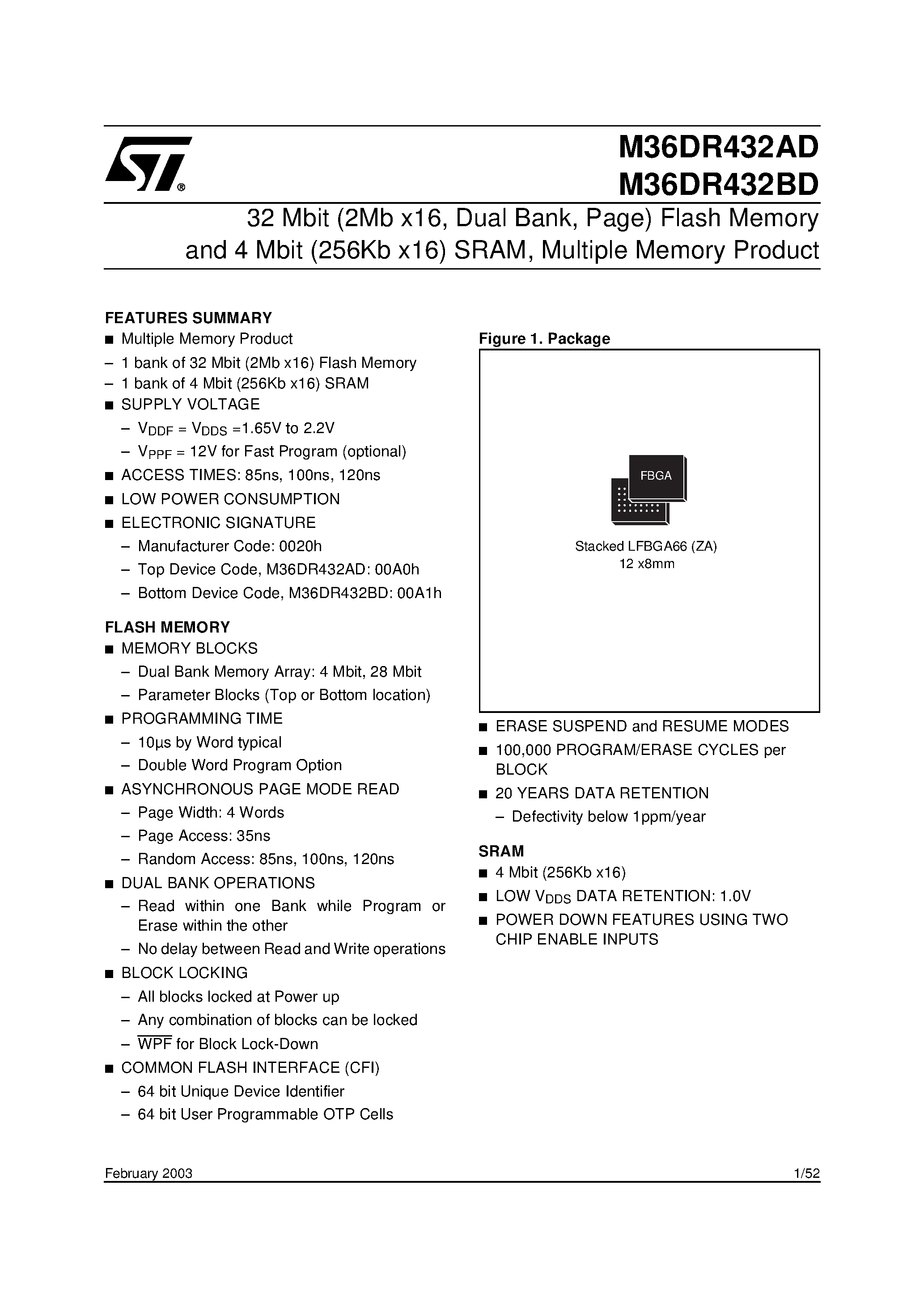 Datasheet M36DR432BD - 32 Mbit 2Mb x16 / Dual Bank / Page Flash Memory and 4 Mbit 256Kb x16 SRAM / Multiple Memory Product page 1