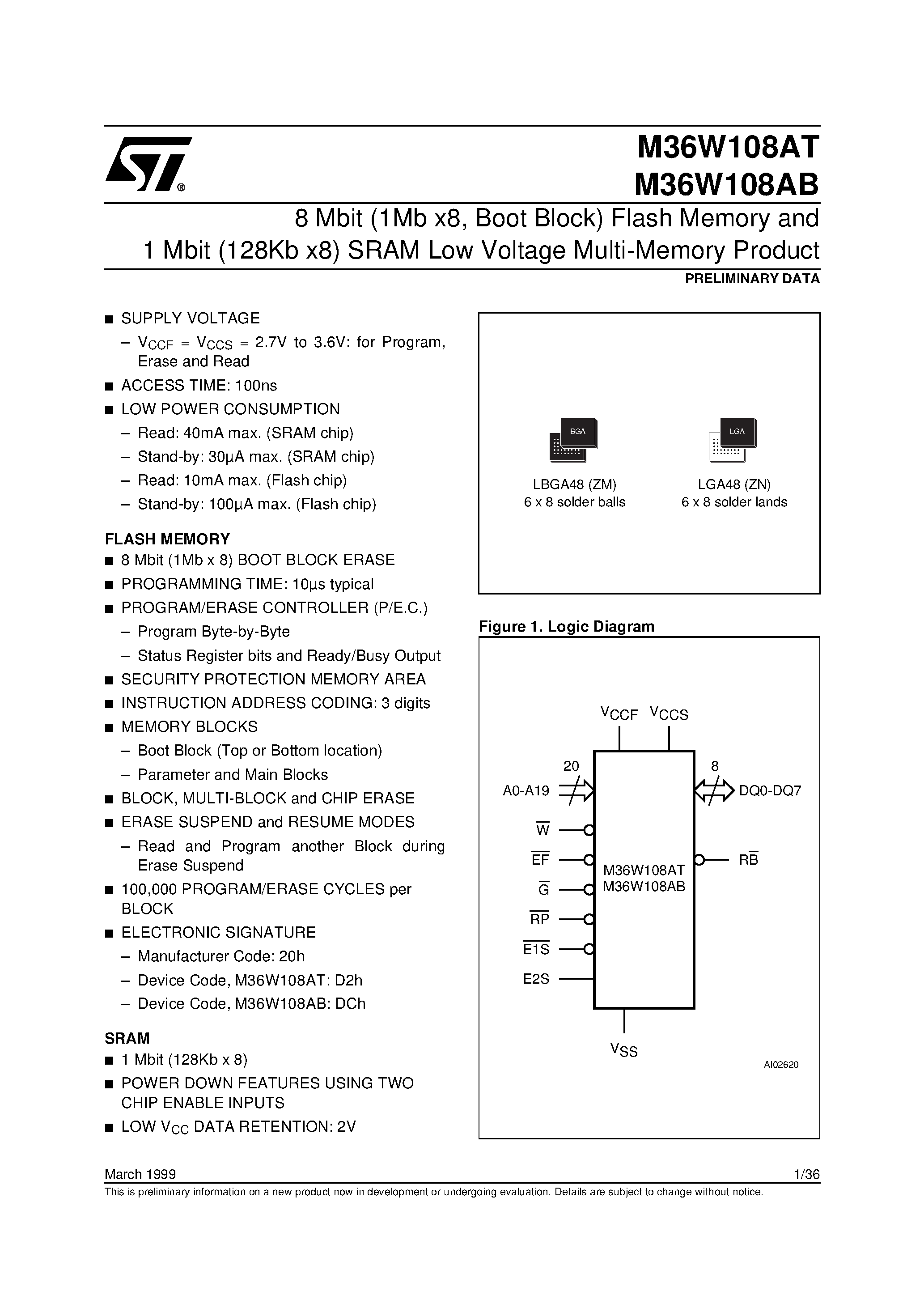 Datasheet M36W108AT - 8 Mbit 1Mb x8 / Boot Block Flash Memory and 1 Mbit 128Kb x8 SRAM Low Voltage Multi-Memory Product page 1