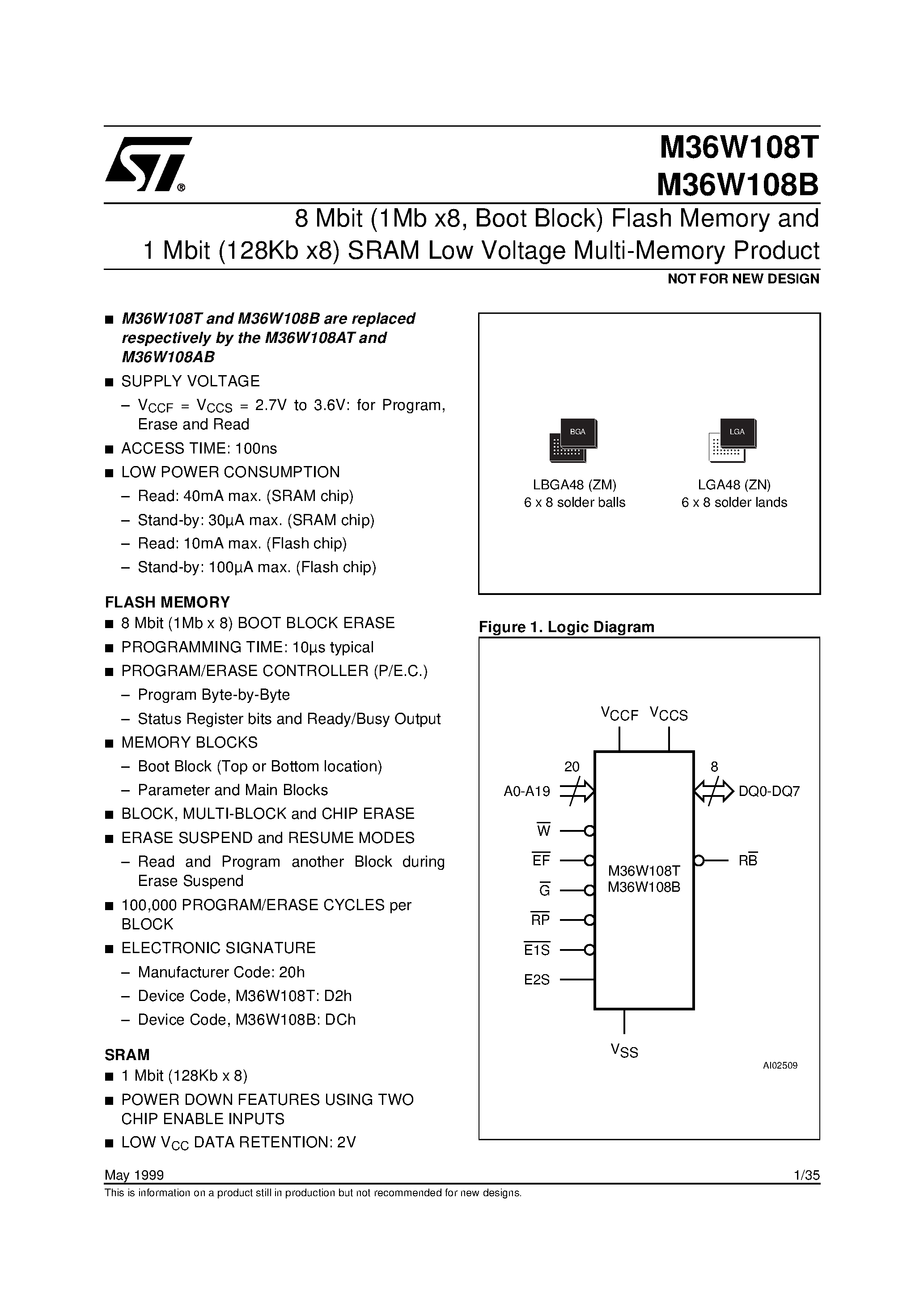 Datasheet M36W108B - 8 Mbit 1Mb x8 / Boot Block Flash Memory and 1 Mbit 128Kb x8 SRAM Low Voltage Multi-Memory Product page 1