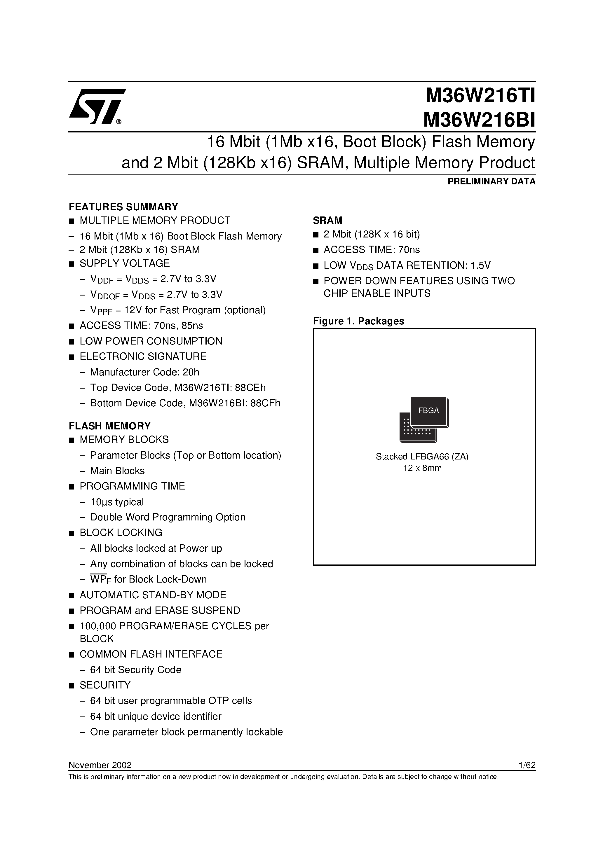 Datasheet M36W216 - 16 Mbit 1Mb x16 / Boot Block Flash Memory and 2 Mbit 128Kb x16 SRAM / Multiple Memory Product page 1