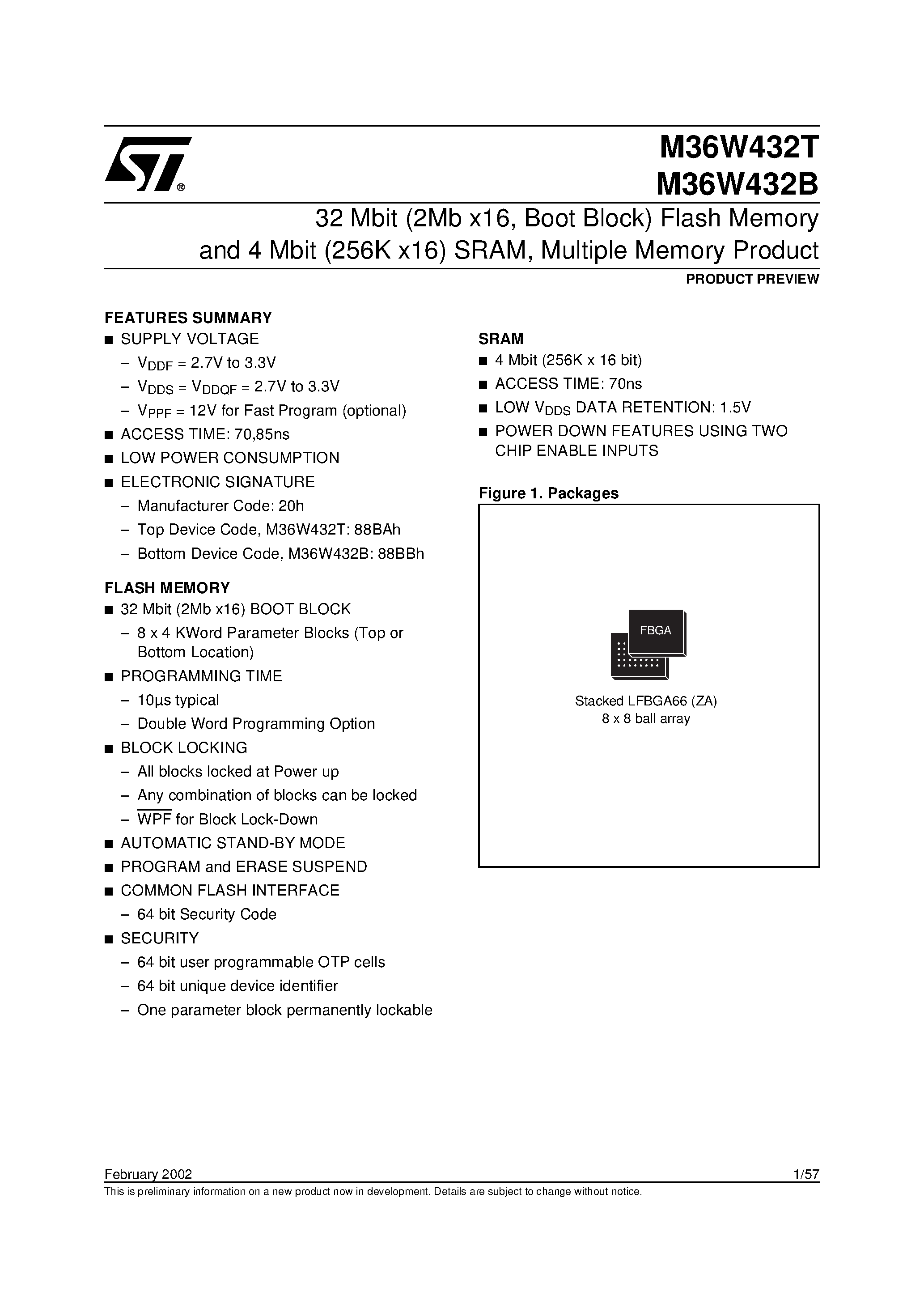 Datasheet M36W432 - 32 Mbit 2Mb x16 / Boot Block Flash Memory and 4 Mbit 256K x16 SRAM / Multiple Memory Product page 1