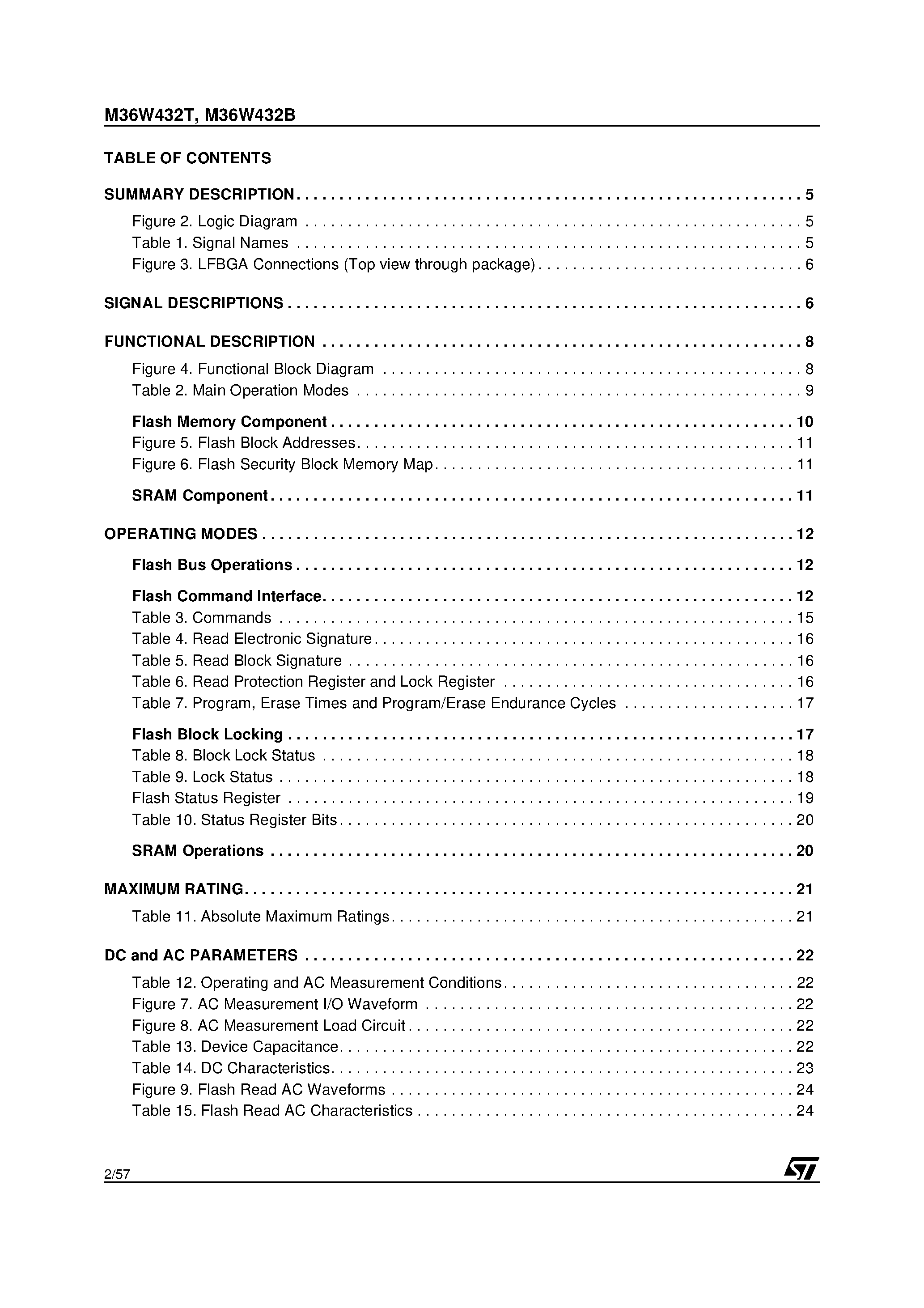 Datasheet M36W432TZA - 32 Mbit 2Mb x16 / Boot Block Flash Memory and 4 Mbit 256K x16 SRAM / Multiple Memory Product page 2
