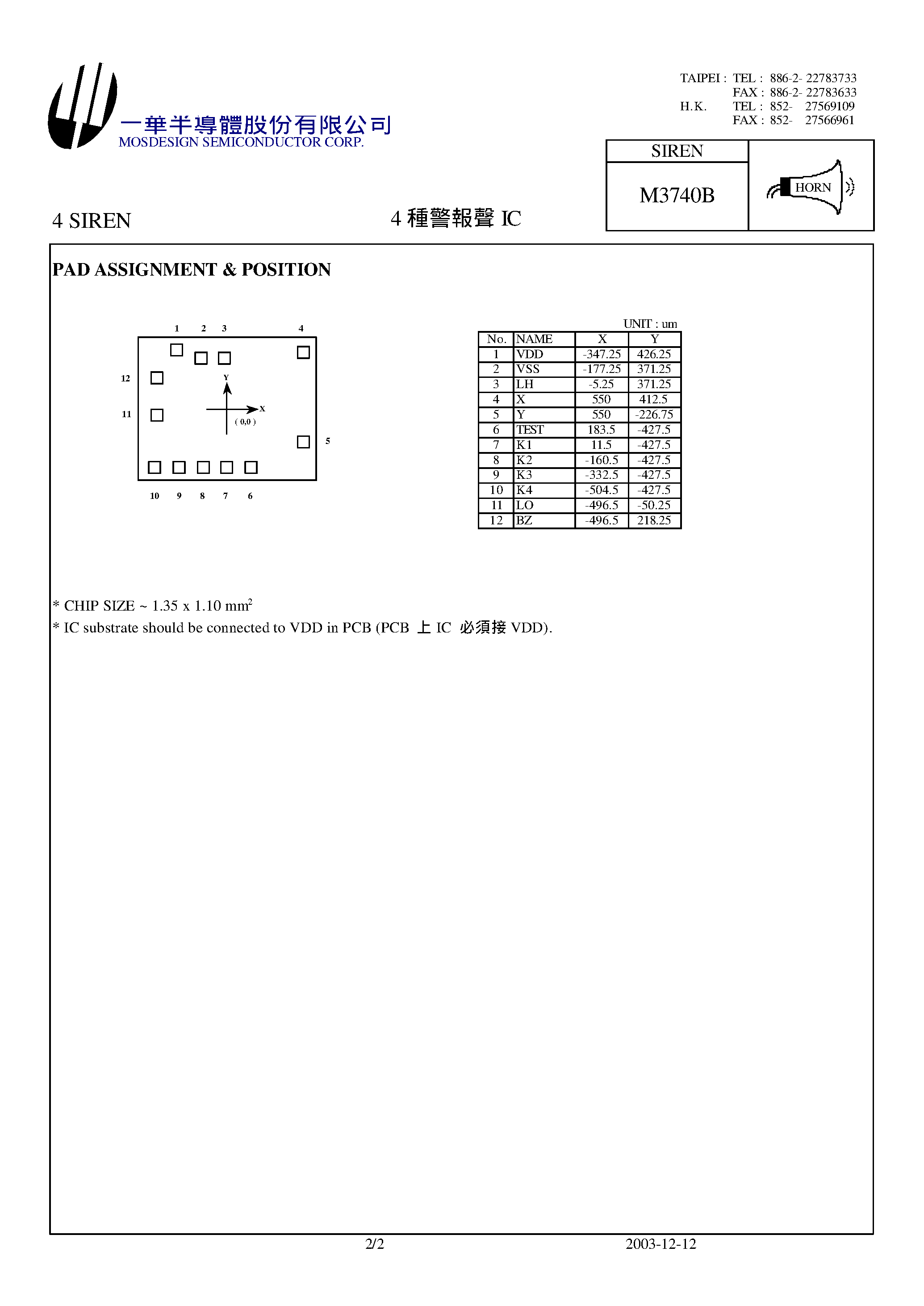 Datasheet M3740B - 4 SIREN page 2