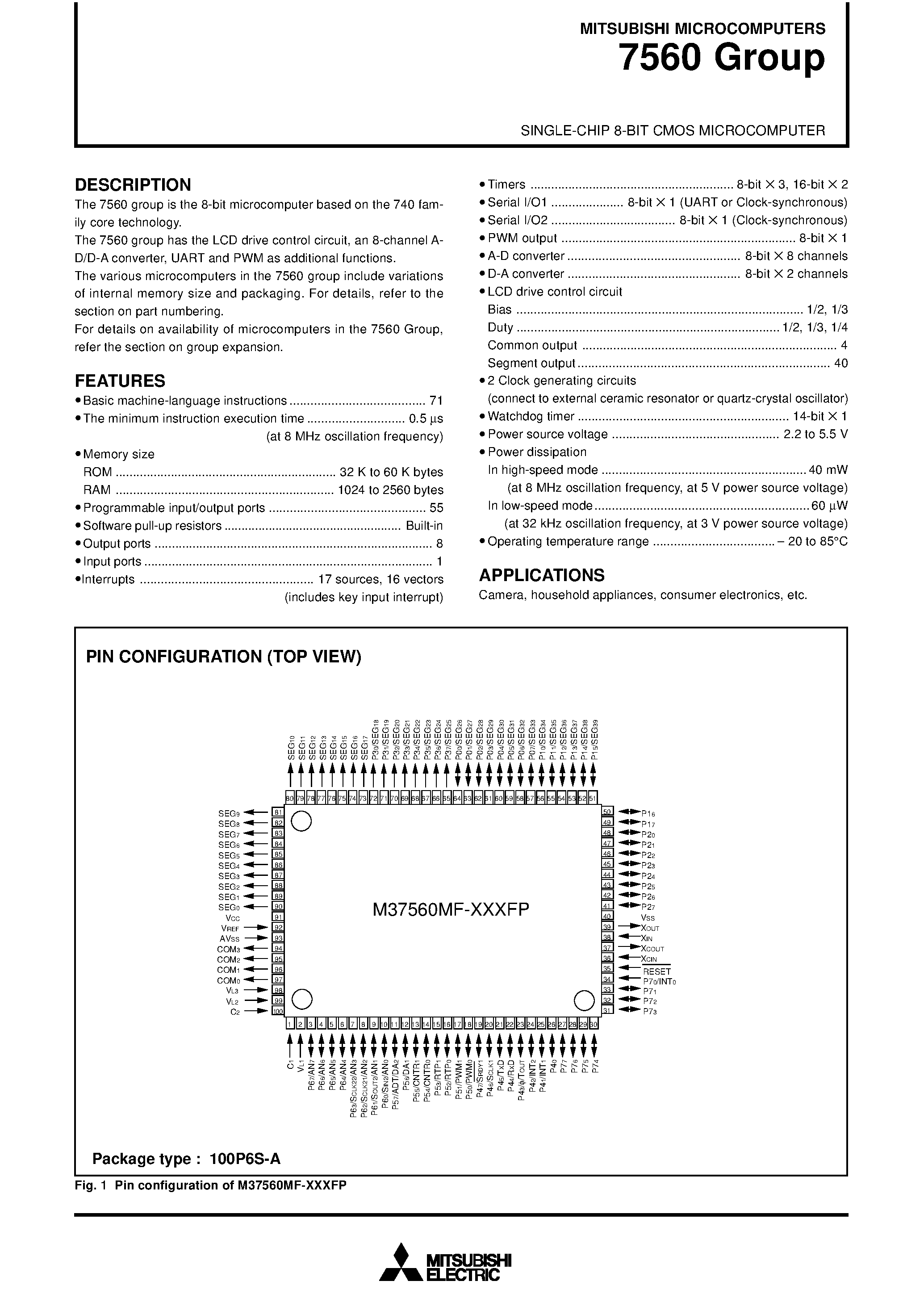 Даташит на микросхему M37560MF страница 1 Даташит M37560MF - SINGLE-CHIP 8-BIT CMOS MICROCOMPUTER страница 1