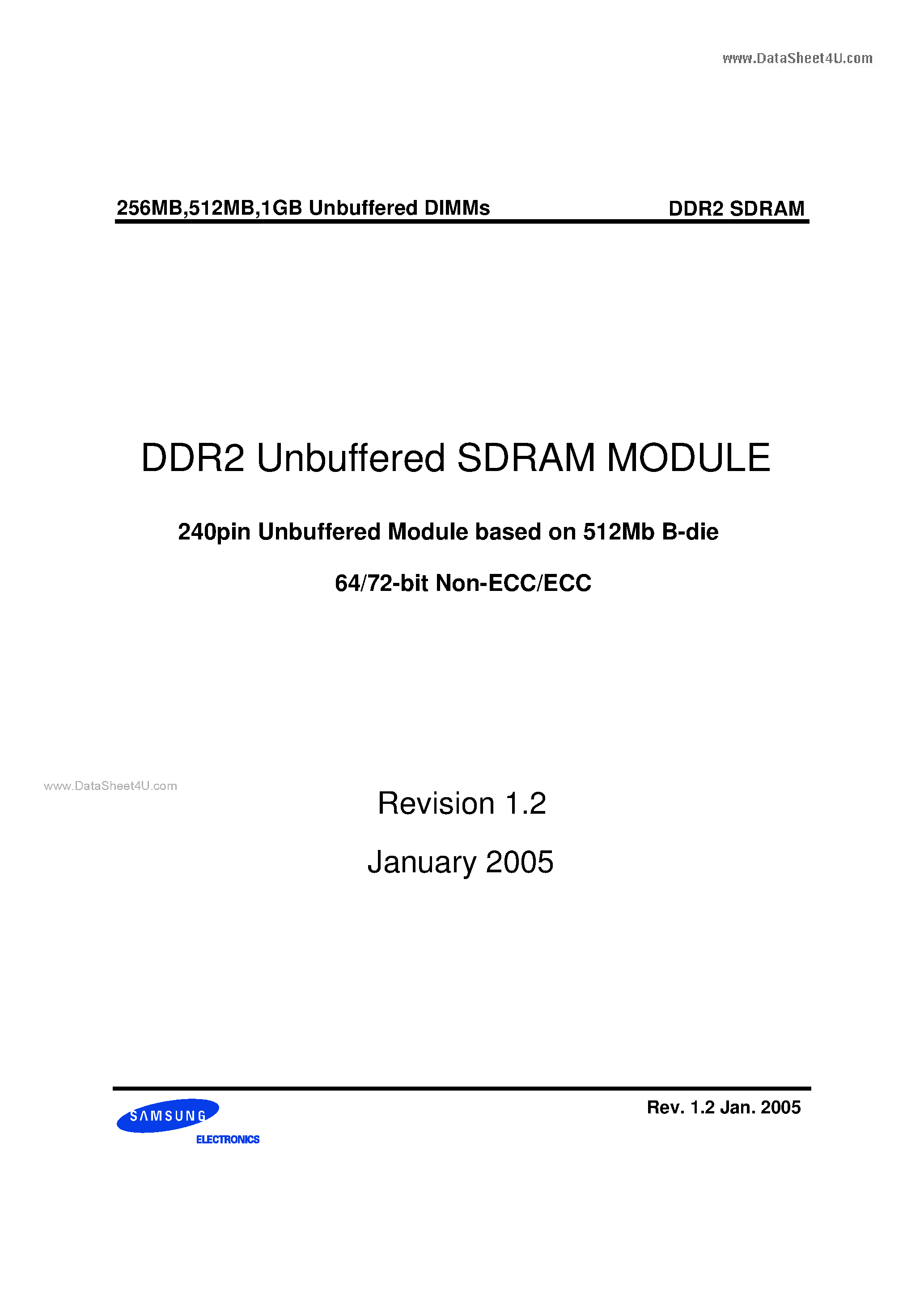 Datasheet M378T2953BG0-CD5/CC - DDR2 Unbuffered SDRAM MODULE page 1