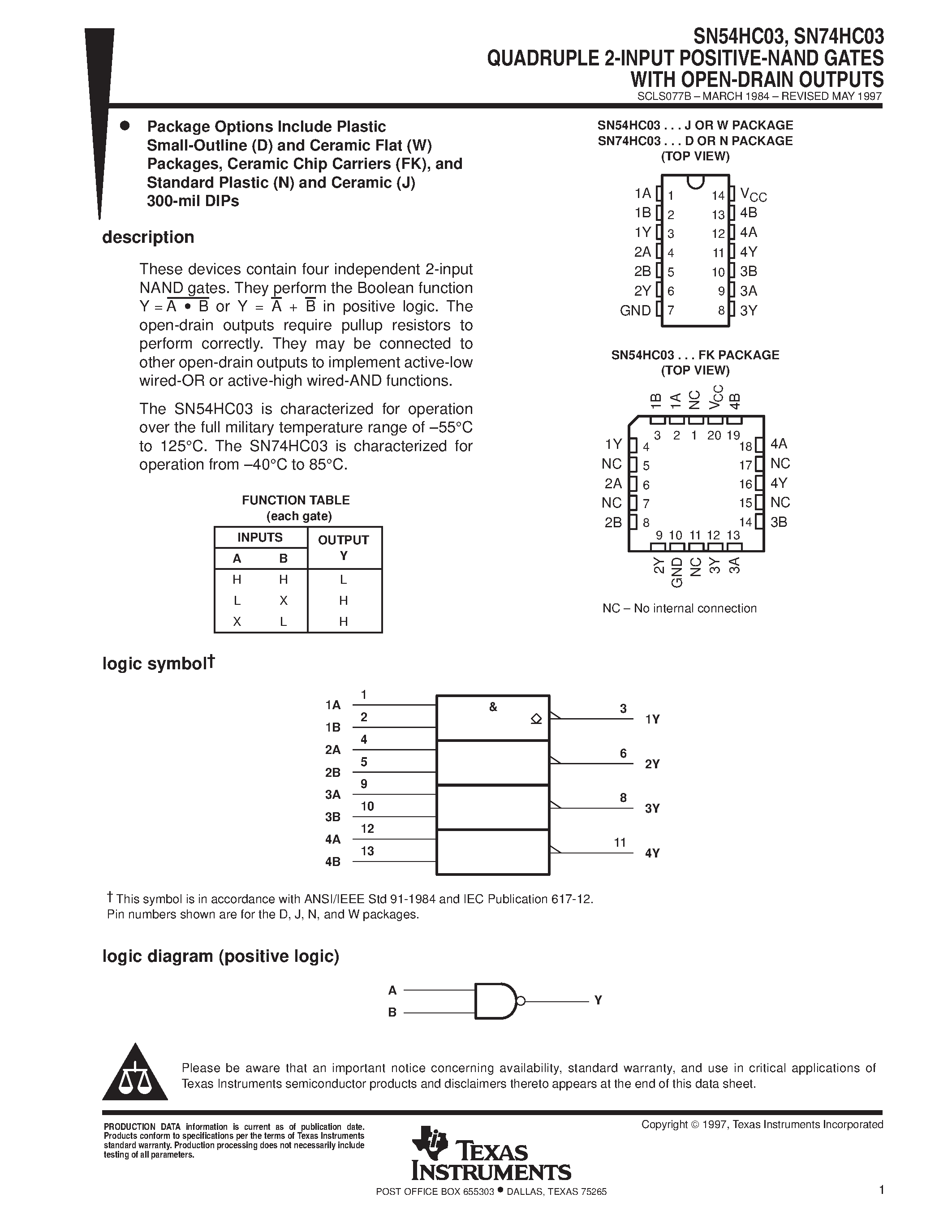 Datasheet SN74HC03 page 1 Datasheet SN74HC03 - QUADRUPLE 2-INPUT POSITIVE-NAND GATES WITH OPEN-DRAIN OUTPUTS page 1