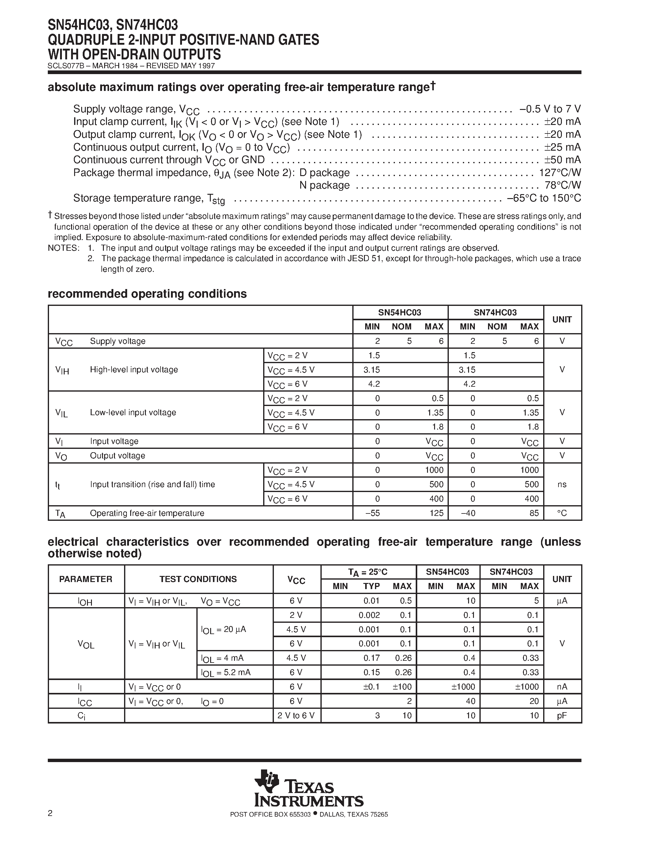 Datasheet SN74HC03 page 2 Datasheet SN74HC03 - QUADRUPLE 2-INPUT POSITIVE-NAND GATES WITH OPEN-DRAIN OUTPUTS page 2