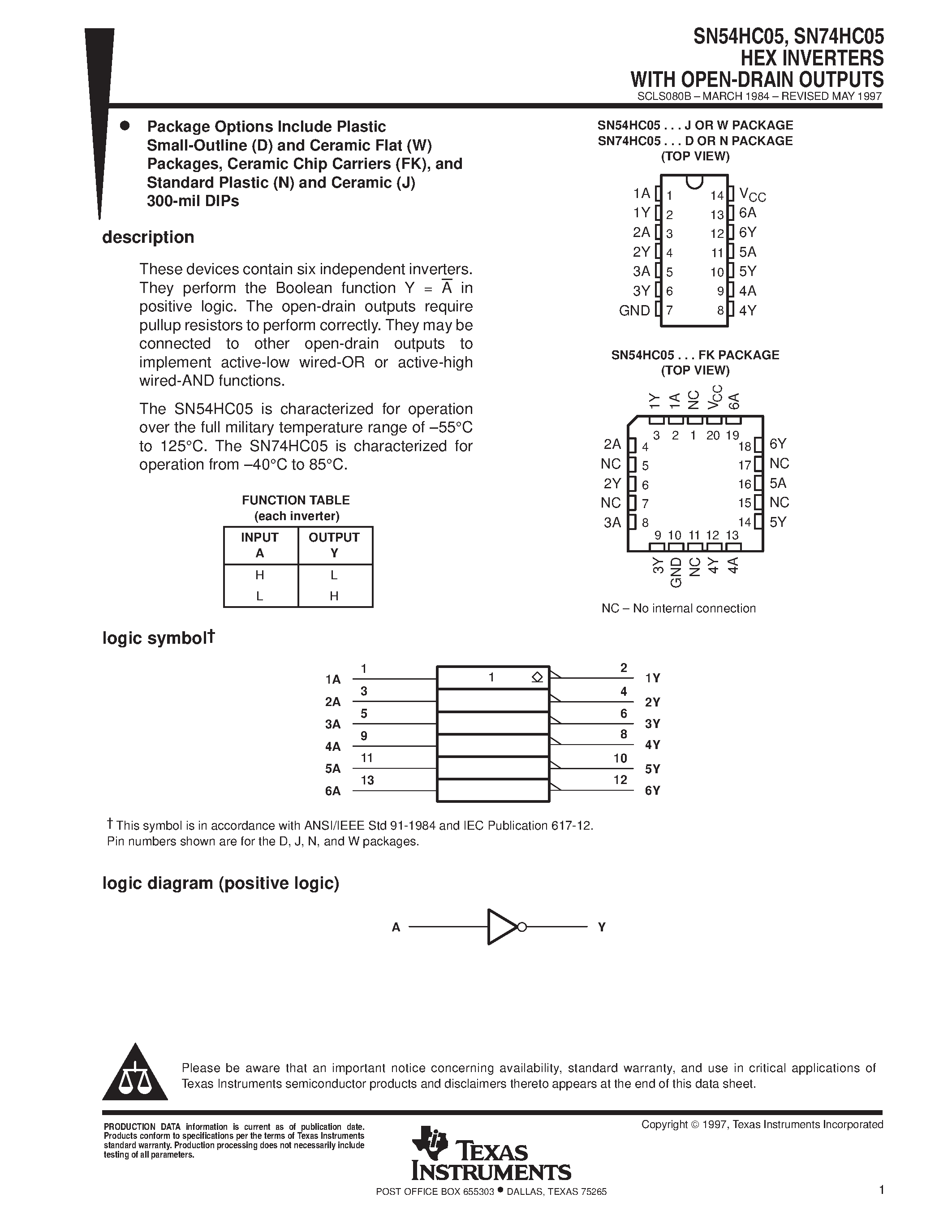 Datasheet SN74HC05 page 1 Datasheet SN74HC05 - HEX INVERTERS WITH OPEN-DRAIN OUTPUTS page 1