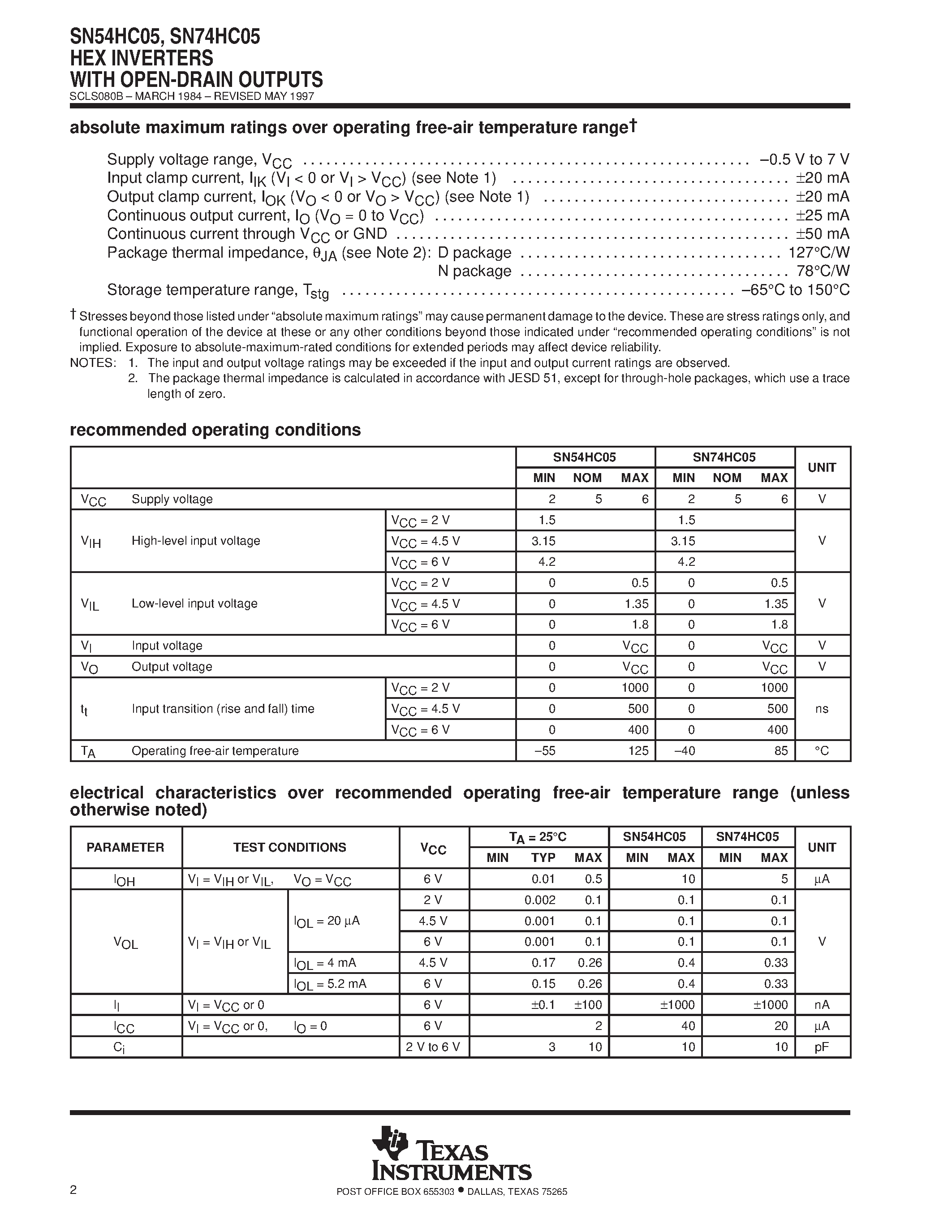 Datasheet SN74HC05 page 2 Datasheet SN74HC05 - HEX INVERTERS WITH OPEN-DRAIN OUTPUTS page 2