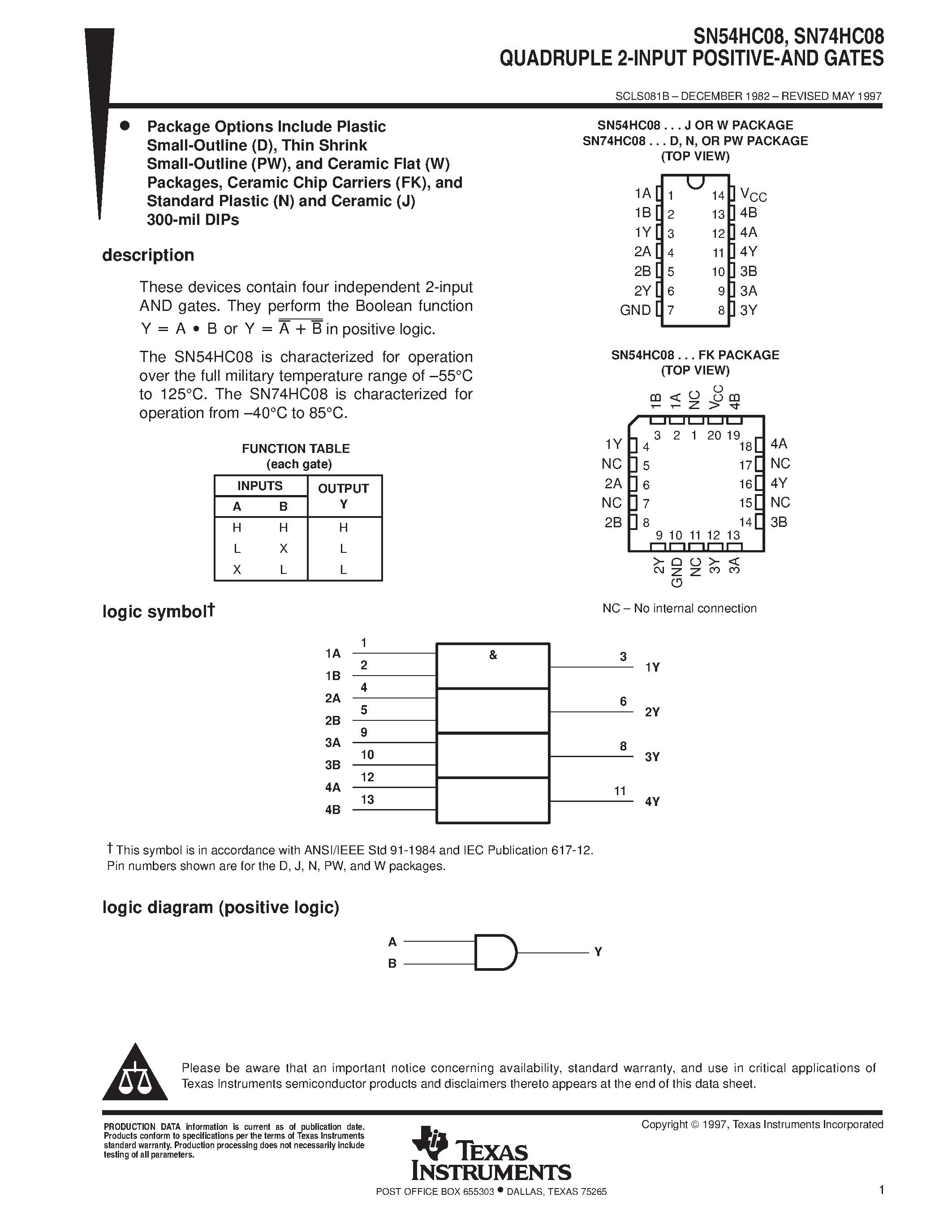 Datasheet SN74HC08 page 1 Datasheet SN74HC08 - QUADRUPLE 2-INPUT POSITIVE-AND GATES page 1