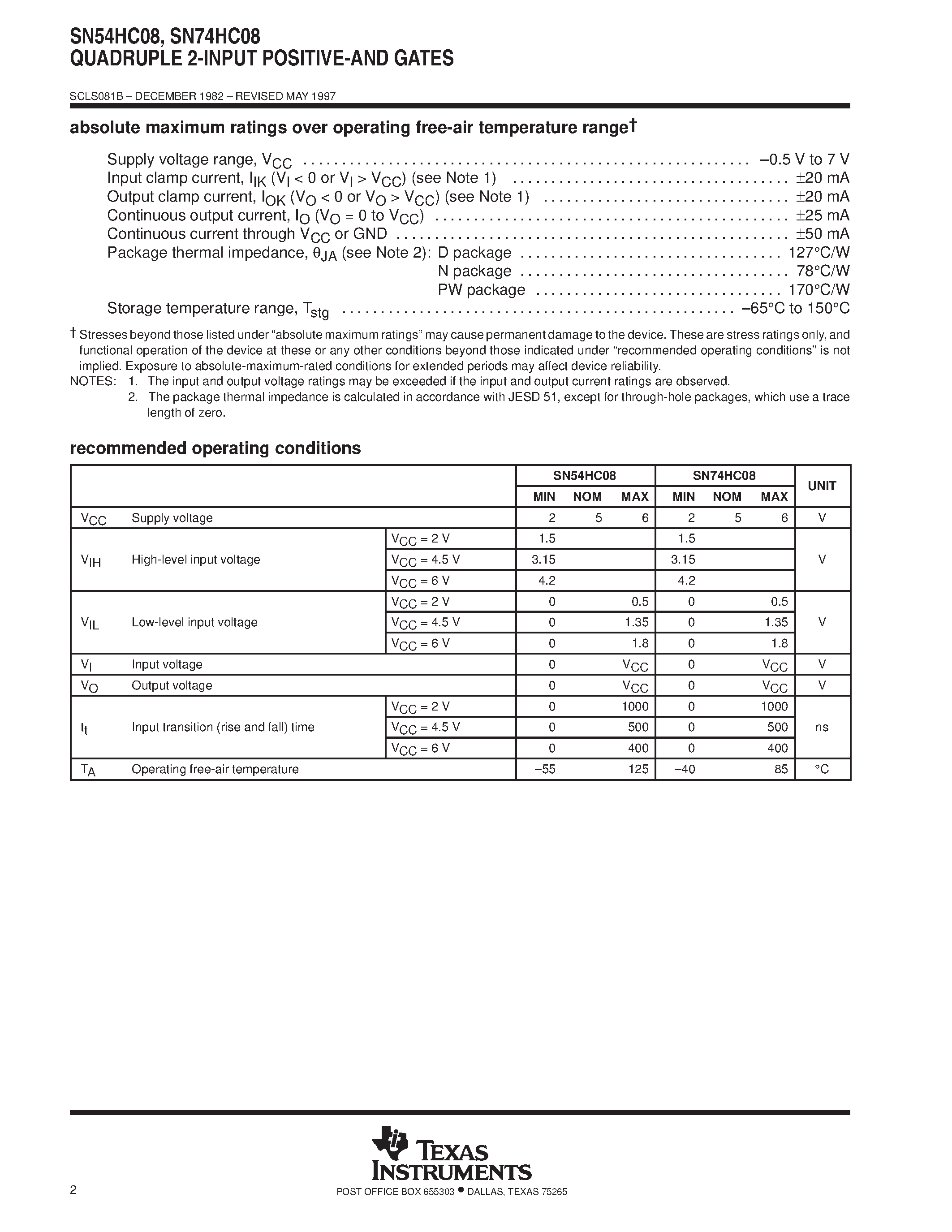 Datasheet SN74HC08 page 2 Datasheet SN74HC08 - QUADRUPLE 2-INPUT POSITIVE-AND GATES page 2