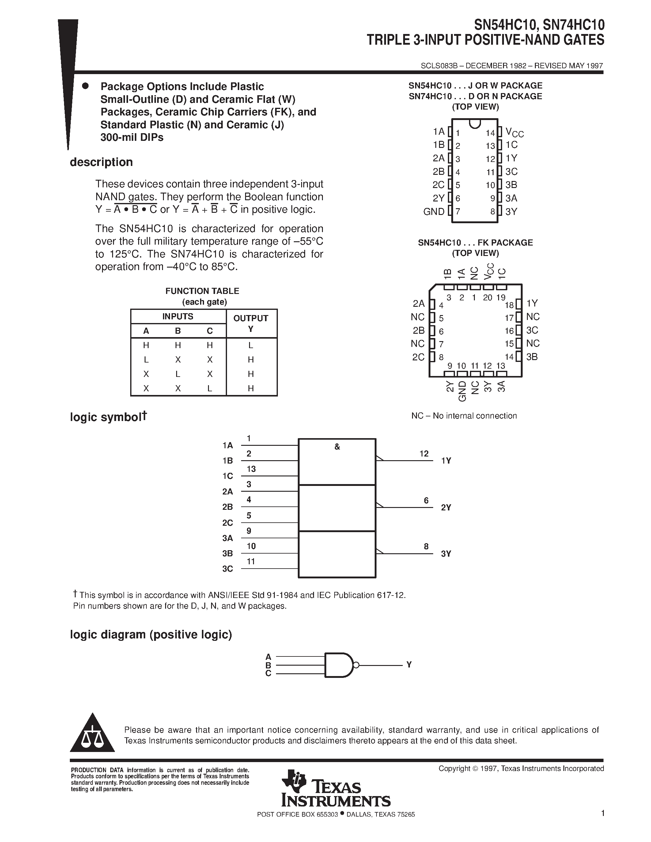 Datasheet SN74HC10 page 1 Datasheet SN74HC10 - TRIPLE 3-INPUT POSITIVE-NAND GATES page 1