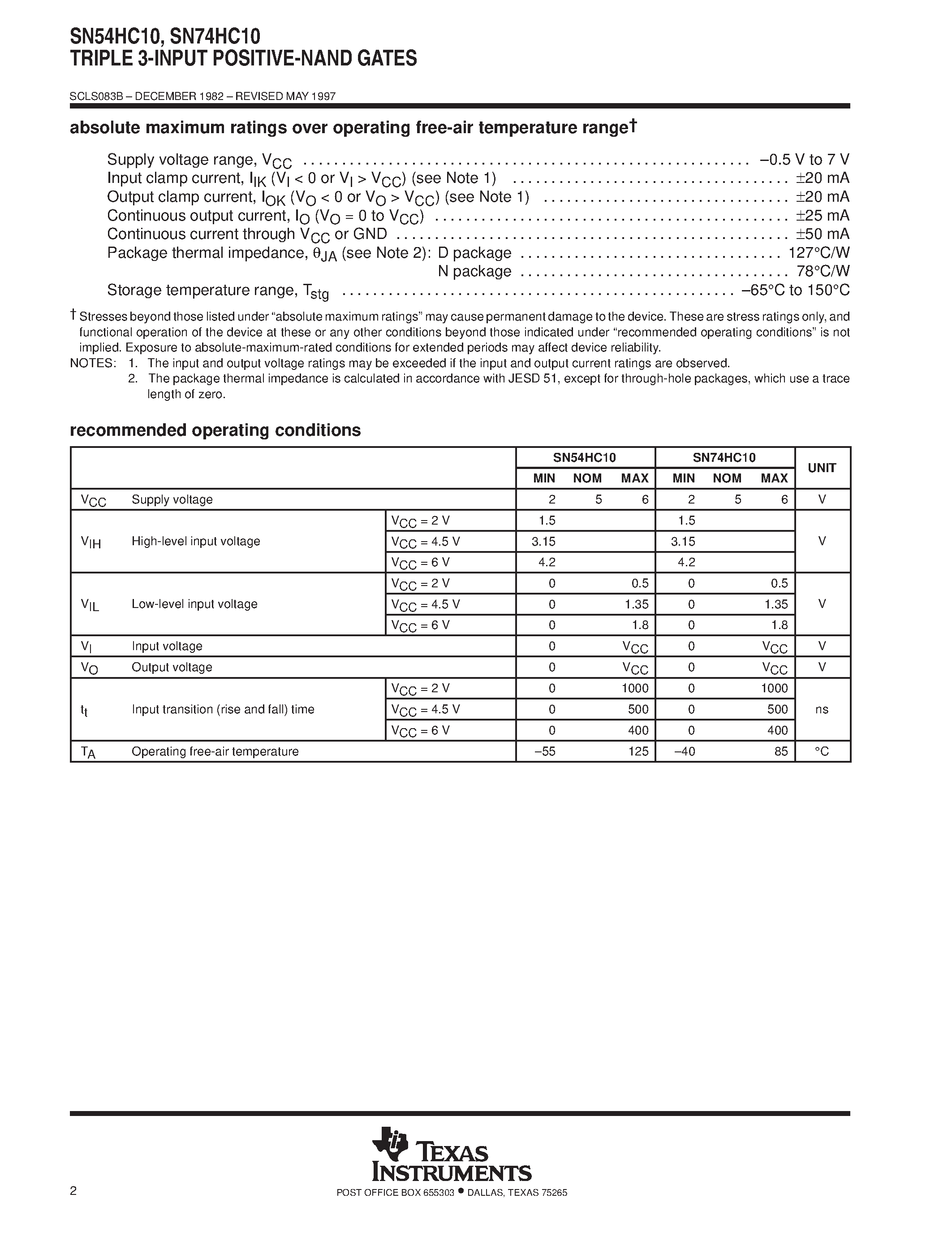 Datasheet SN74HC10 page 2 Datasheet SN74HC10 - TRIPLE 3-INPUT POSITIVE-NAND GATES page 2