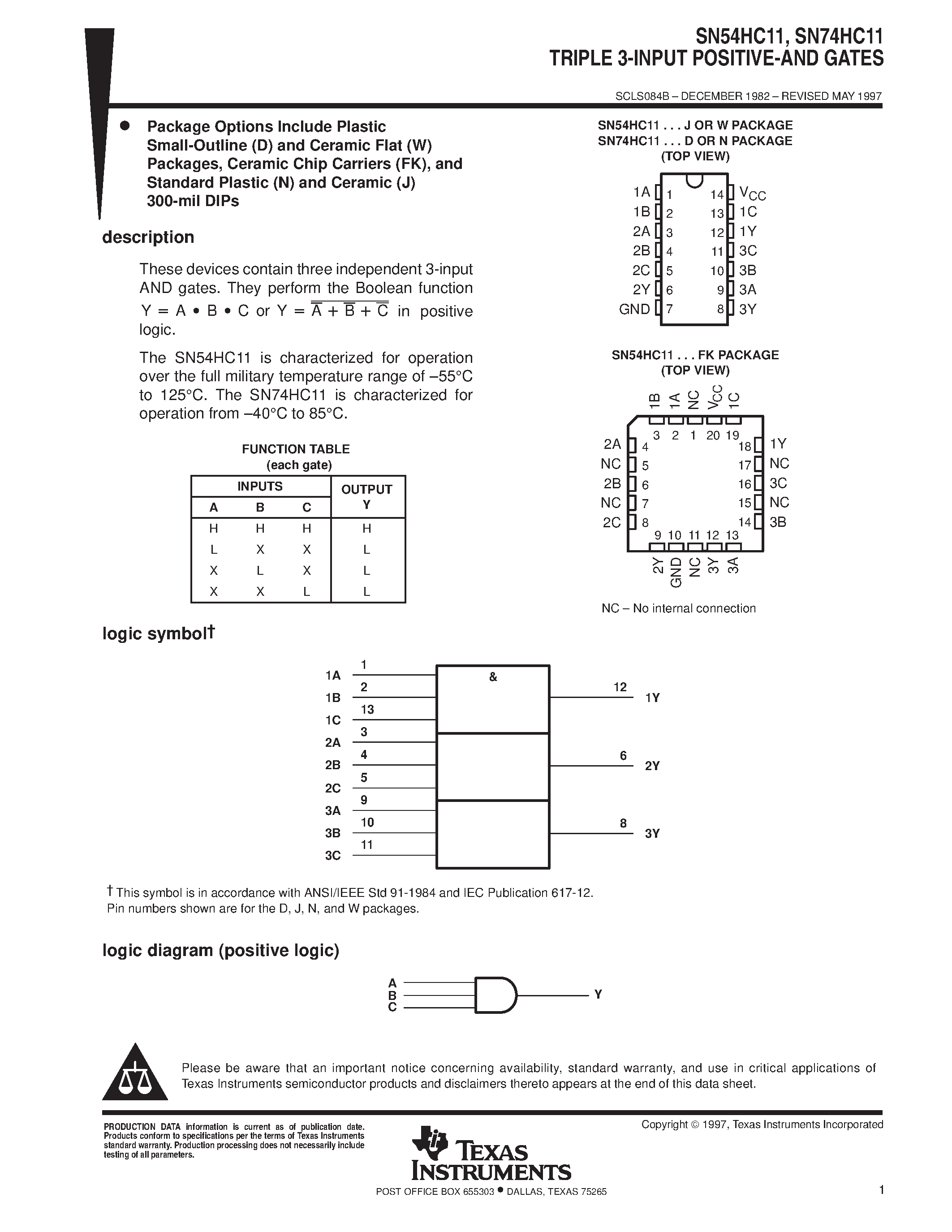 Datasheet SN74HC11 page 1 Datasheet SN74HC11 - TRIPLE 3-INPUT POSITIVE-AND GATES page 1