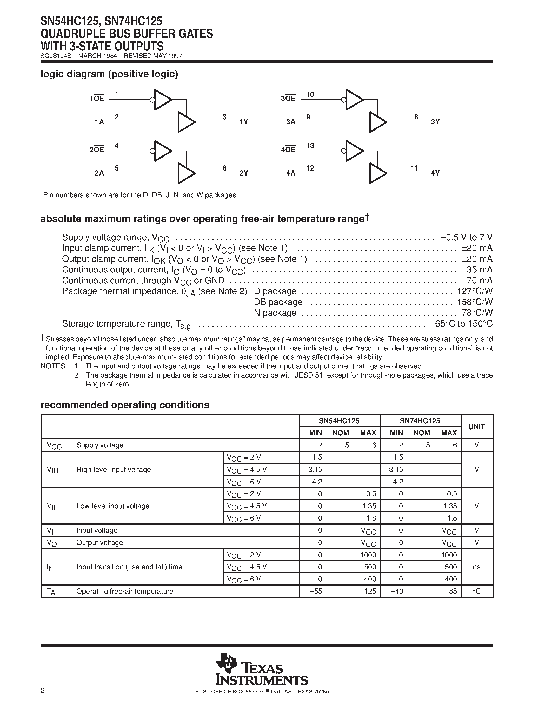 Datasheet SN74HC125 page 2 Datasheet SN74HC125 - QUADRUPLE BUS BUFFER GATES WITH 3-STATE OUTPUTS page 2