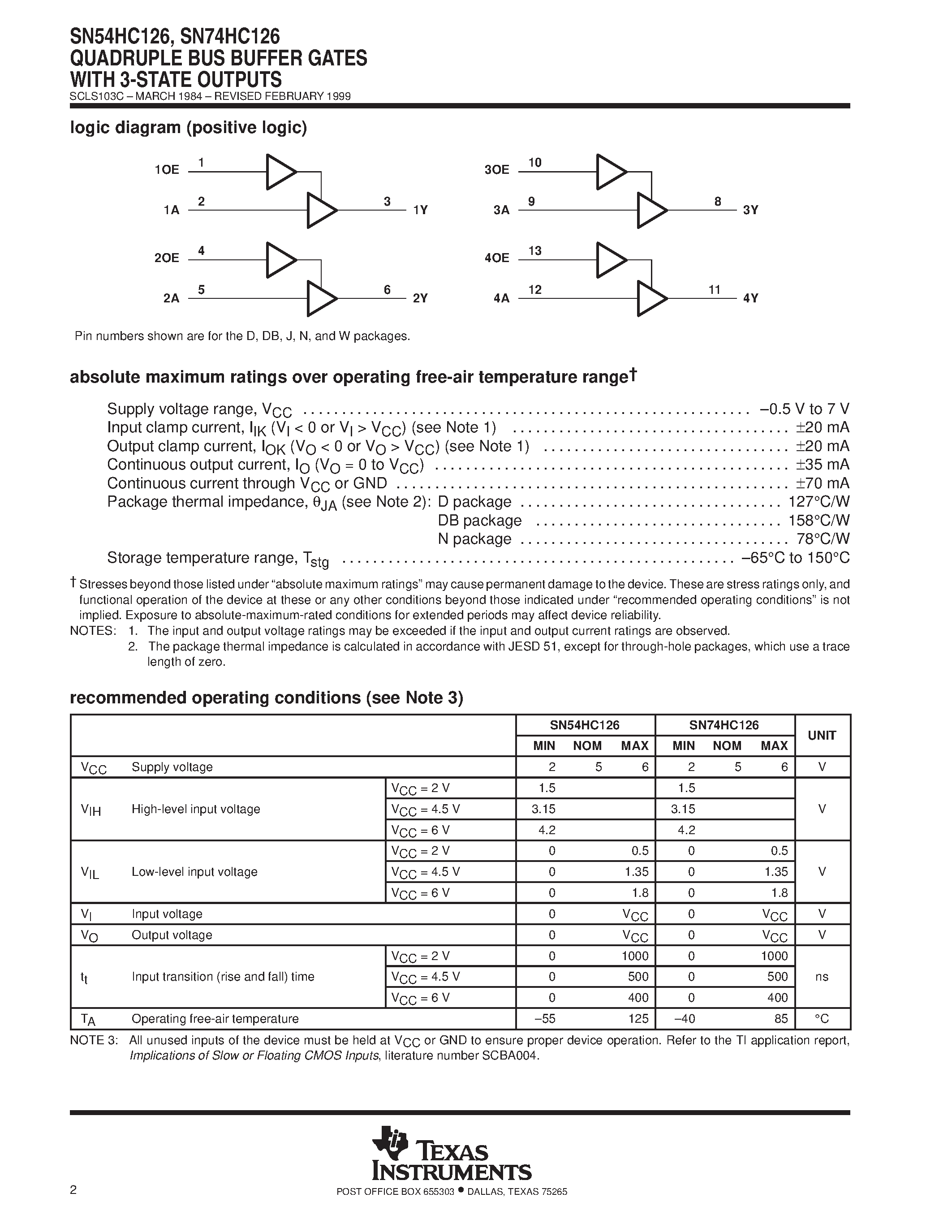 Datasheet SN74HC126 page 2 Datasheet SN74HC126 - QUADRUPLE BUS BUFFER GATES WITH 3-STATE OUTPUTS page 2