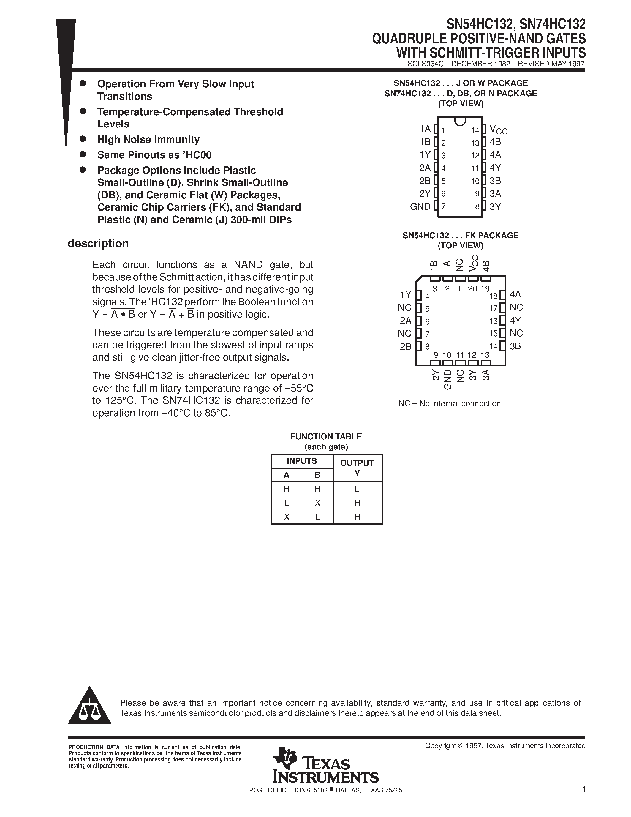 Datasheet SN74HC132 page 1 Datasheet SN74HC132 - QUADRUPLE BUS BUFFER GATES WITH 3-STATE OUTPUTS page 1
