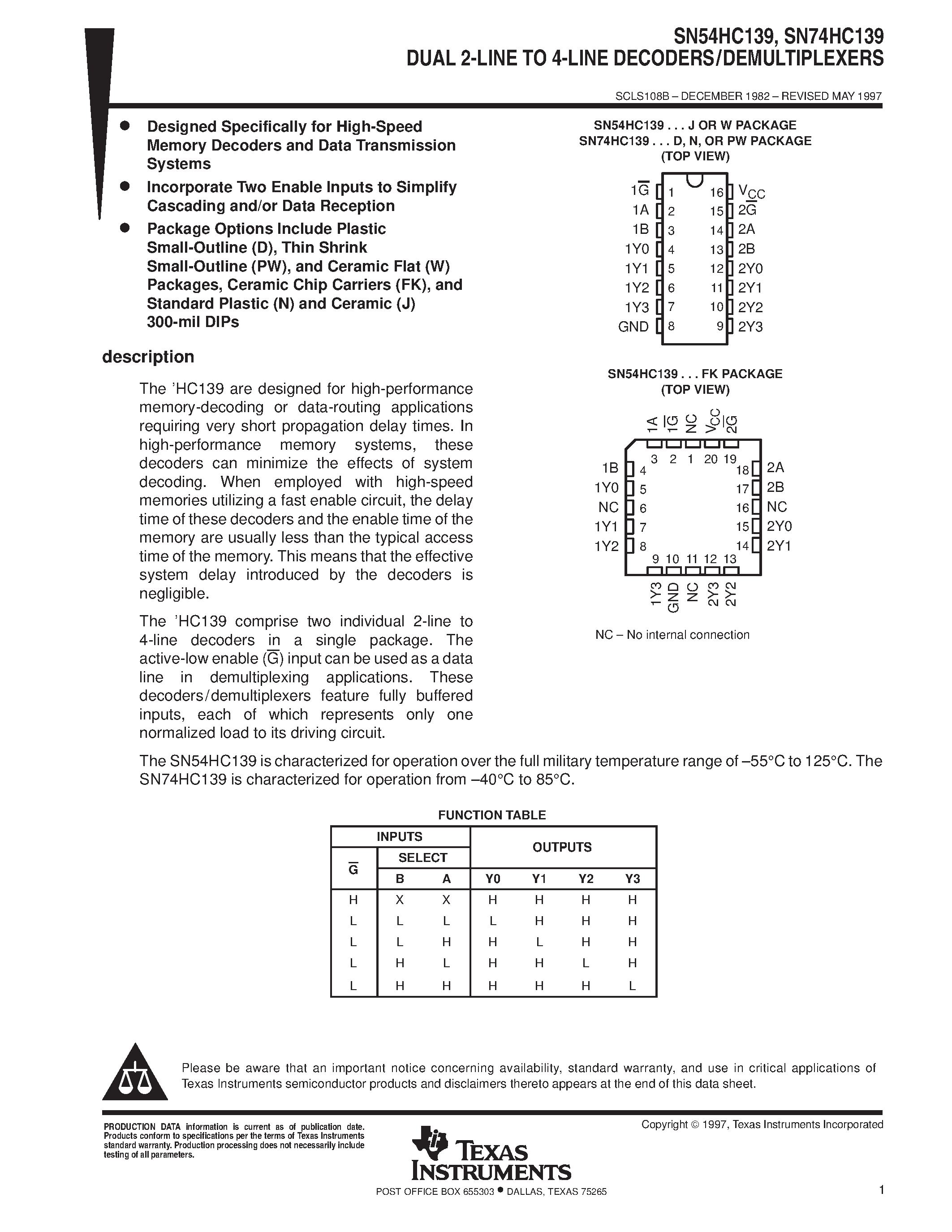 Datasheet SN74HC139 page 1 Datasheet SN74HC139 - DUAL 2-LINE TO 4-LINE DECODERS/DEMULTIPLEXERS page 1