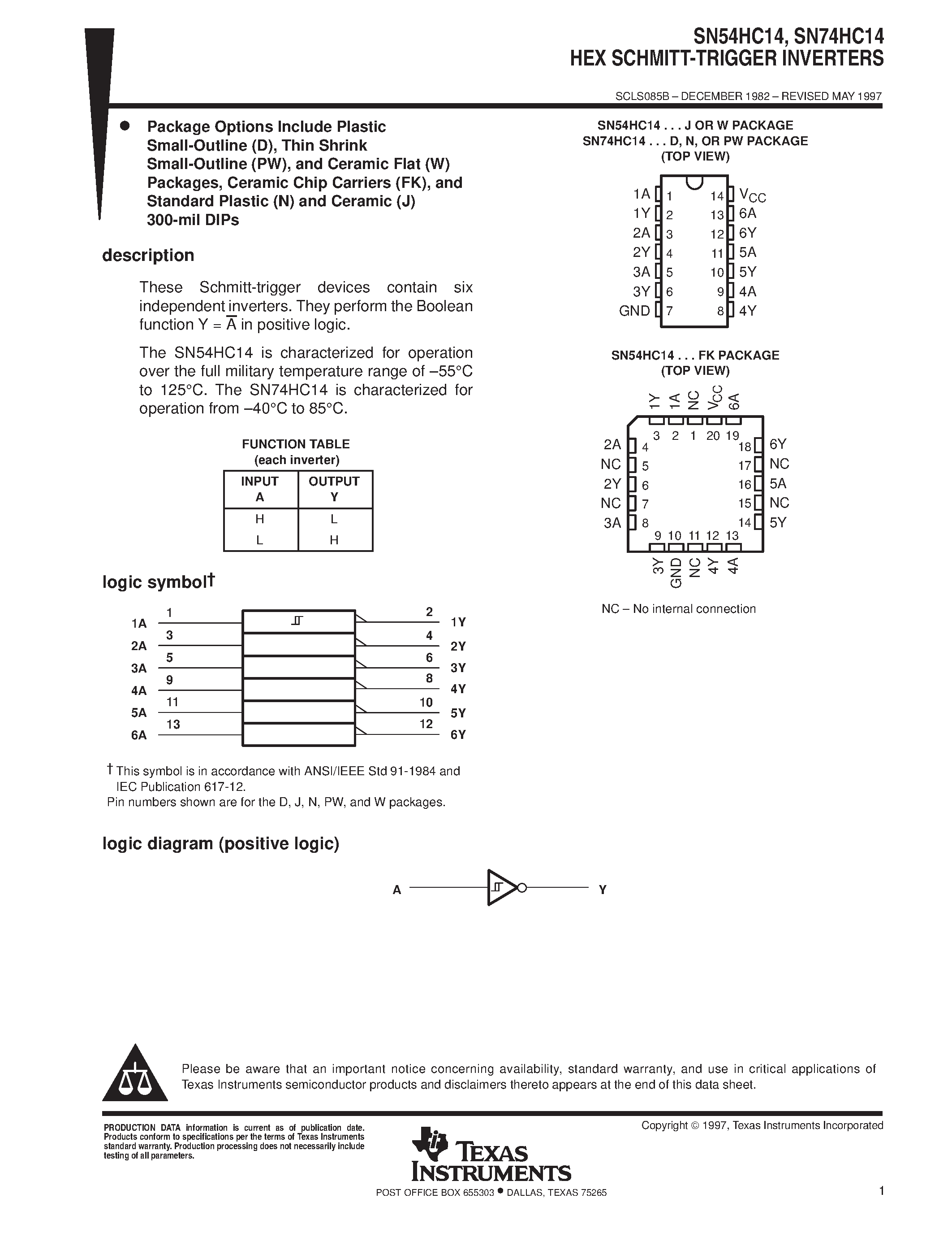 Datasheet SN74HC14 page 1 Datasheet SN74HC14 - HEX SCHMITT-TRIGGER INVERTERS page 1