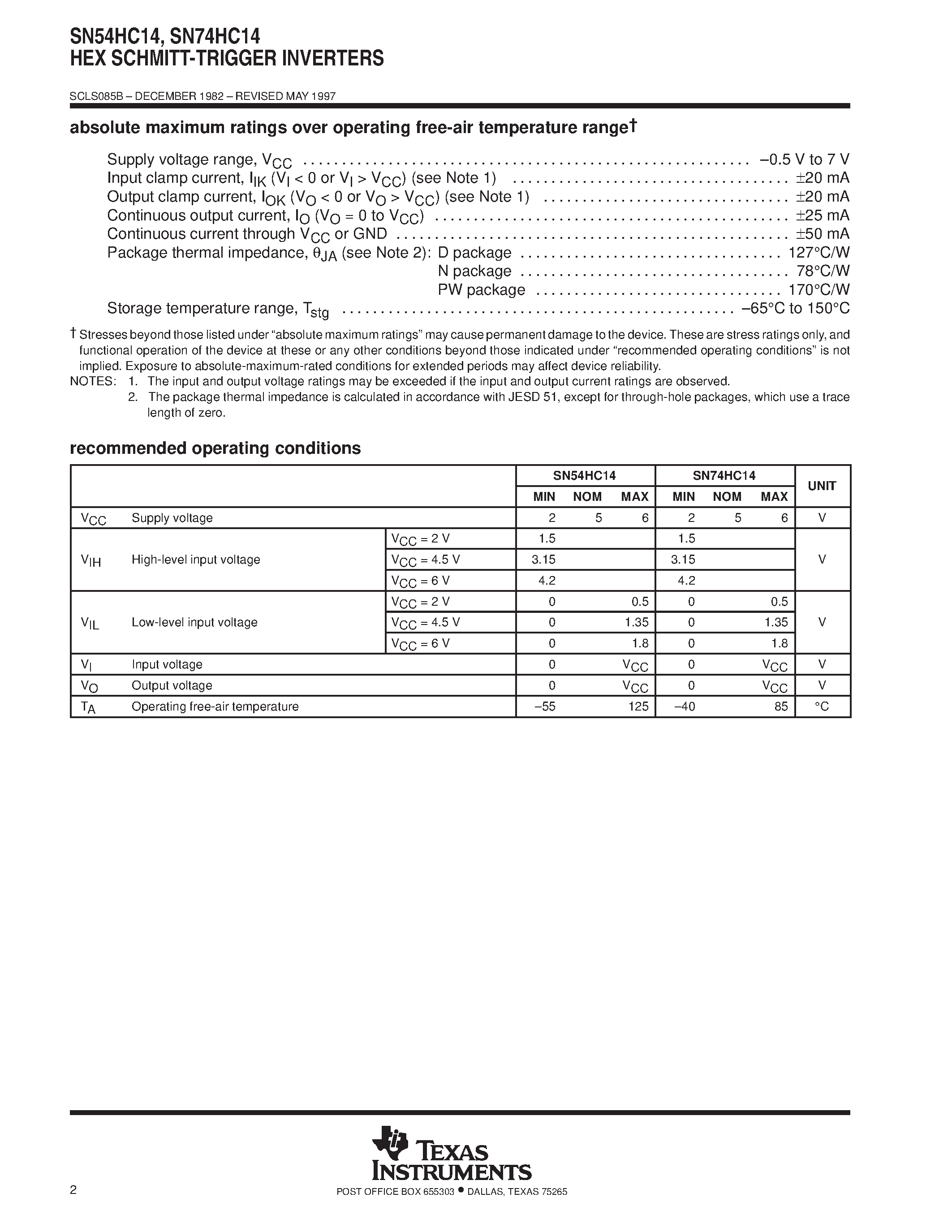 Datasheet SN74HC14 page 2 Datasheet SN74HC14 - HEX SCHMITT-TRIGGER INVERTERS page 2