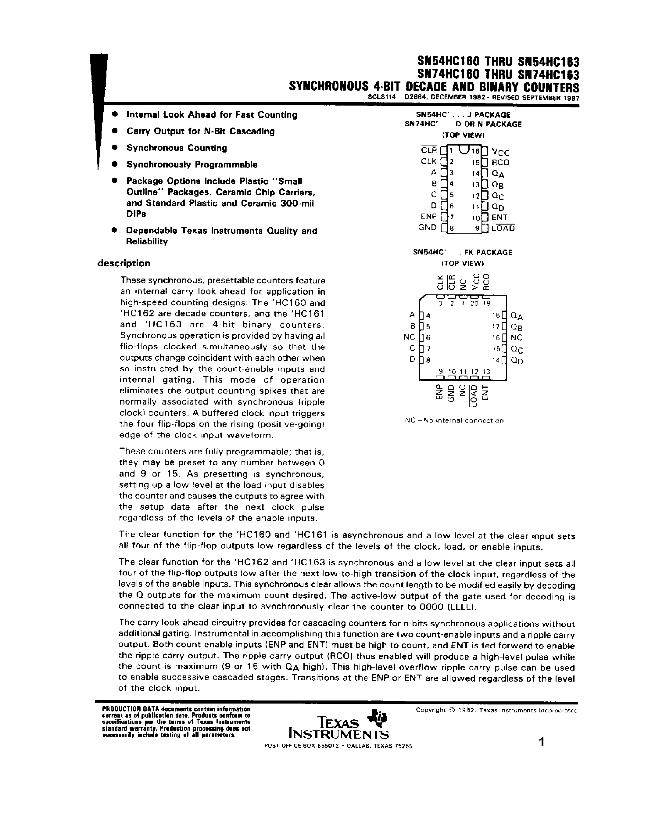 Datasheet SN74HC160 page 1 Datasheet SN74HC160 - SYNCHRONOUS 4-BIT DECADE AND BINARY COUNTERS page 1