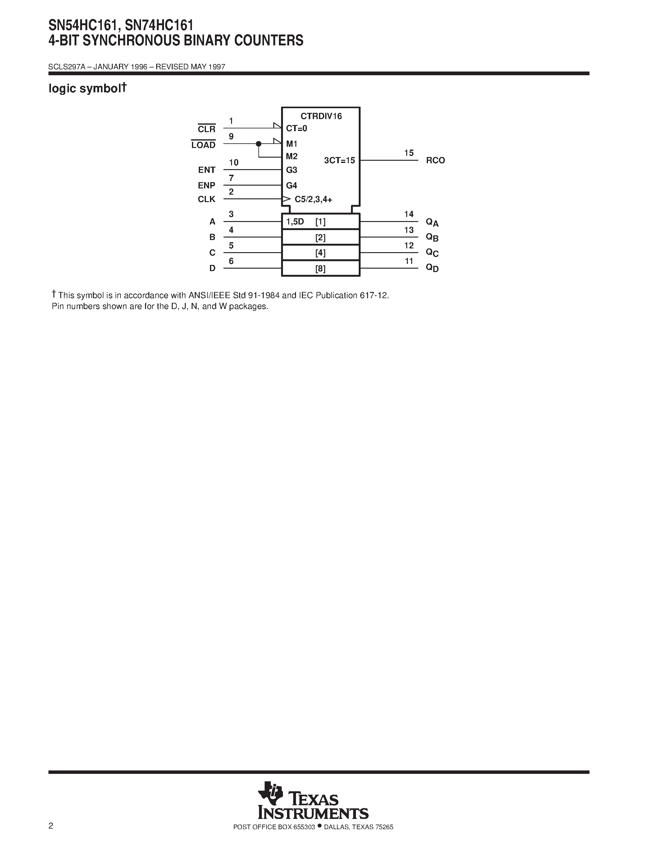 Datasheet SN74HC161 page 2 Datasheet SN74HC161 - SYNCHRONOUS 4-BIT DECADE AND BINARY COUNTERS page 2