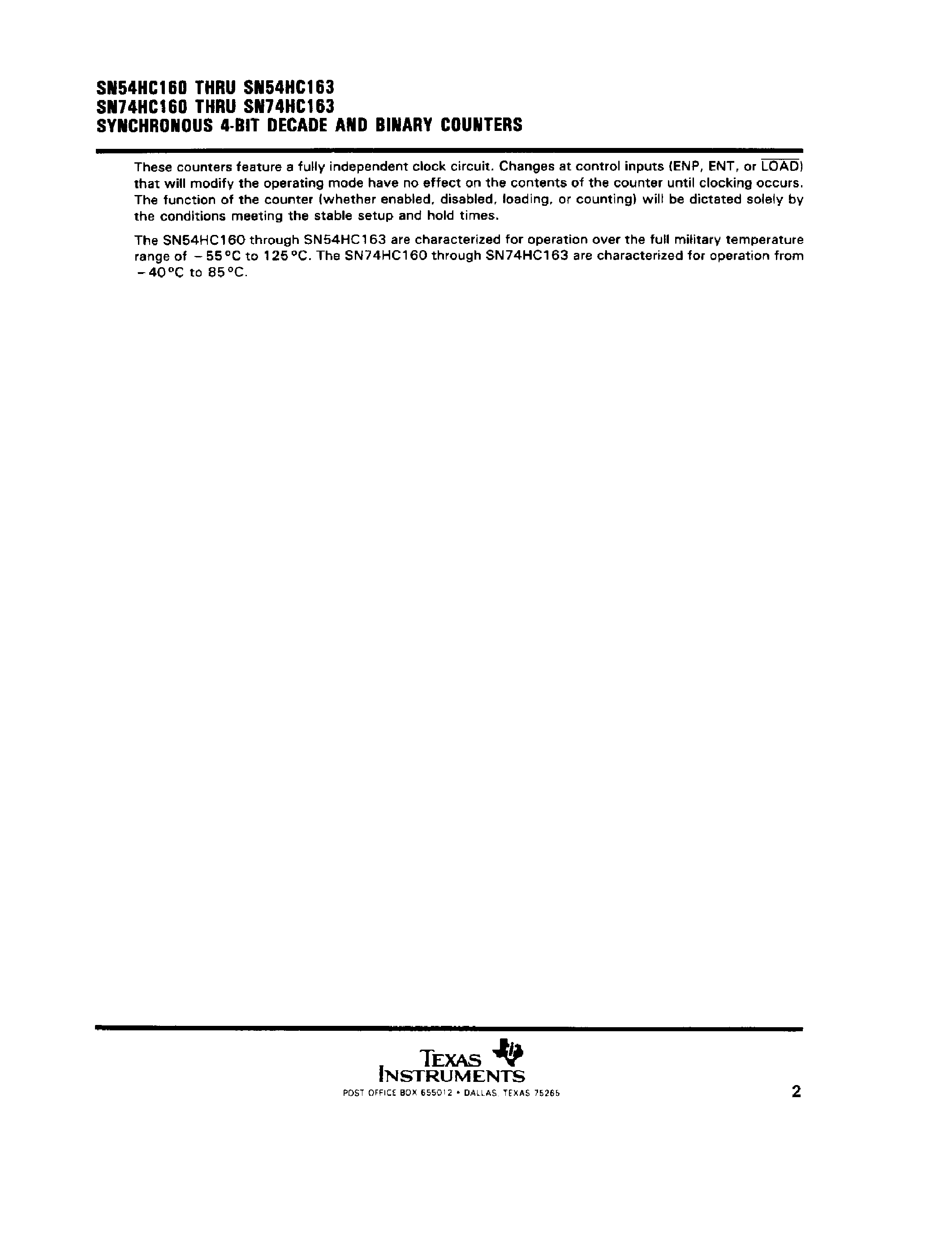 Datasheet SN74HC162 page 2 Datasheet SN74HC162 - SYNCHRONOUS 4-BIT DECADE AND BINARY COUNTERS page 2