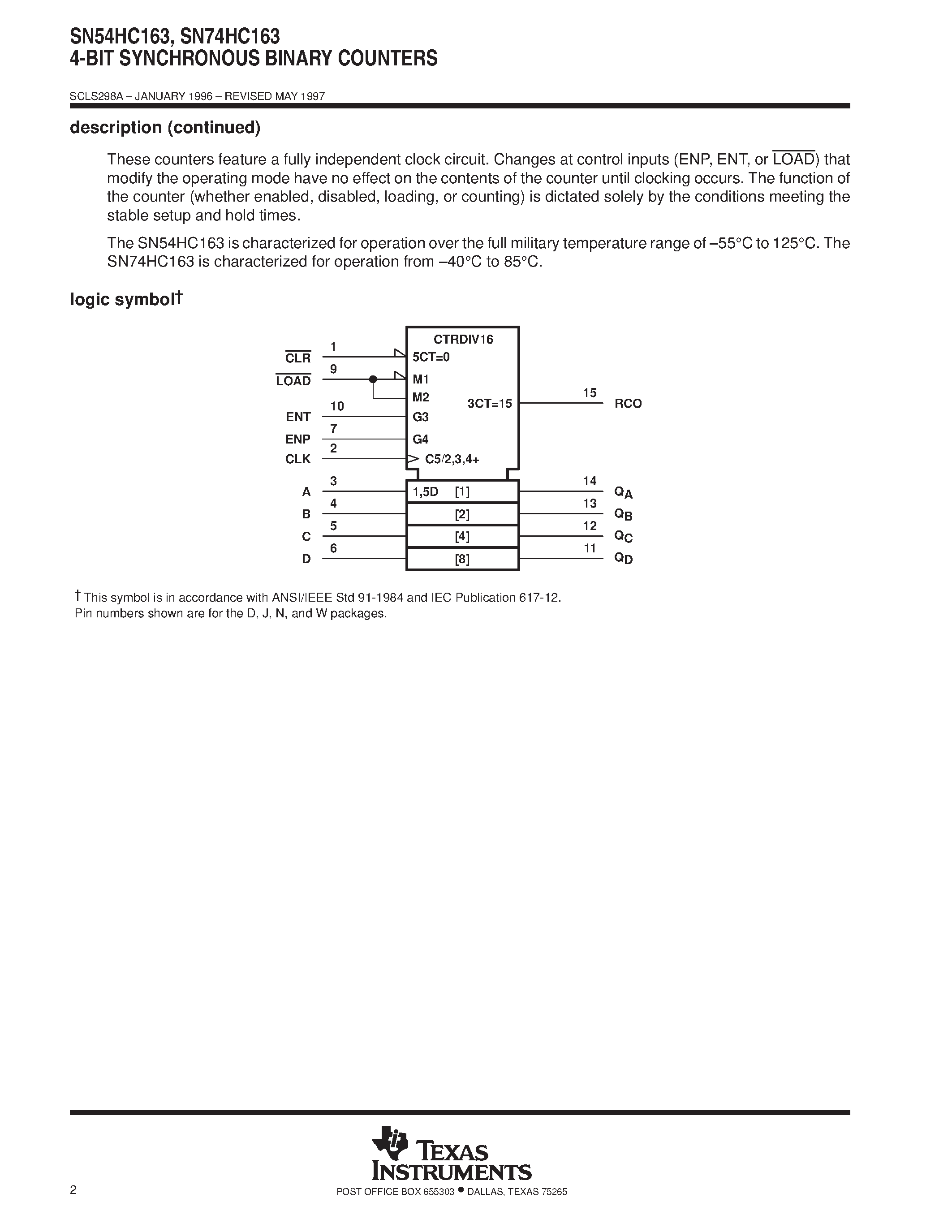 Datasheet SN74HC163 page 2 Datasheet SN74HC163 - SYNCHRONOUS 4-BIT DECADE AND BINARY COUNTERS page 2