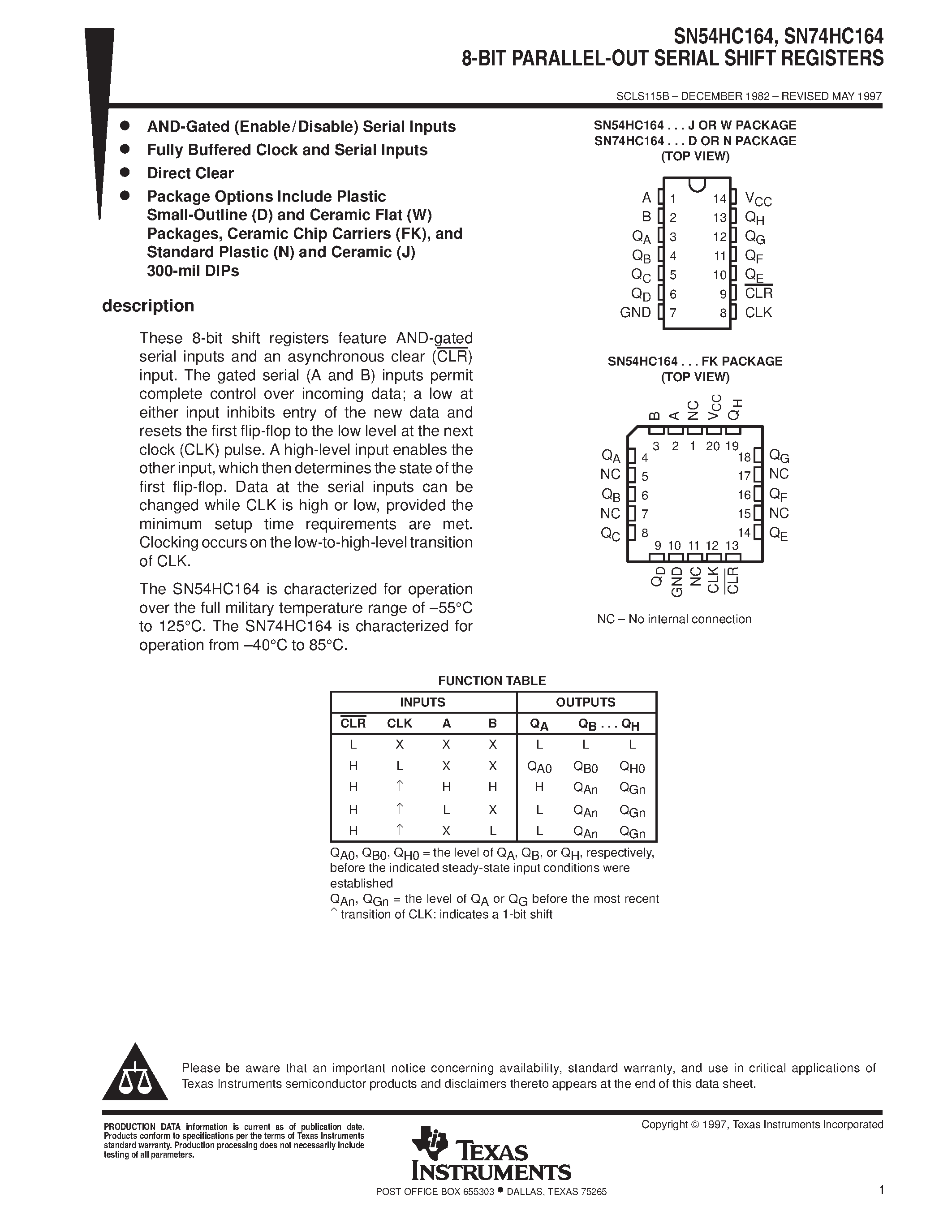 Datasheet SN74HC164 page 1 Datasheet SN74HC164 - 8-BIT PARALLEL-OUT SERIAL SHIFT REGISTERS page 1