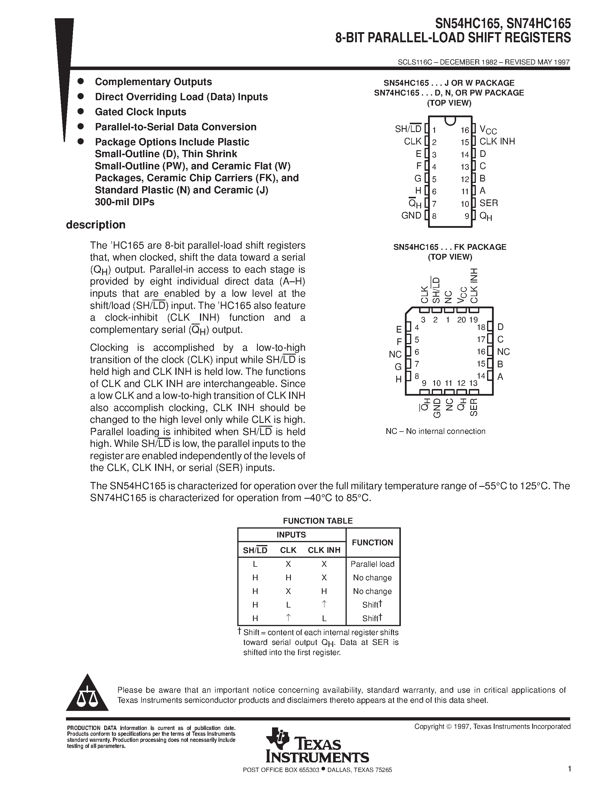 Datasheet SN74HC165 page 1 Datasheet SN74HC165 - 8-BIT PARALLEL-OUT SERIAL SHIFT REGISTERS page 1