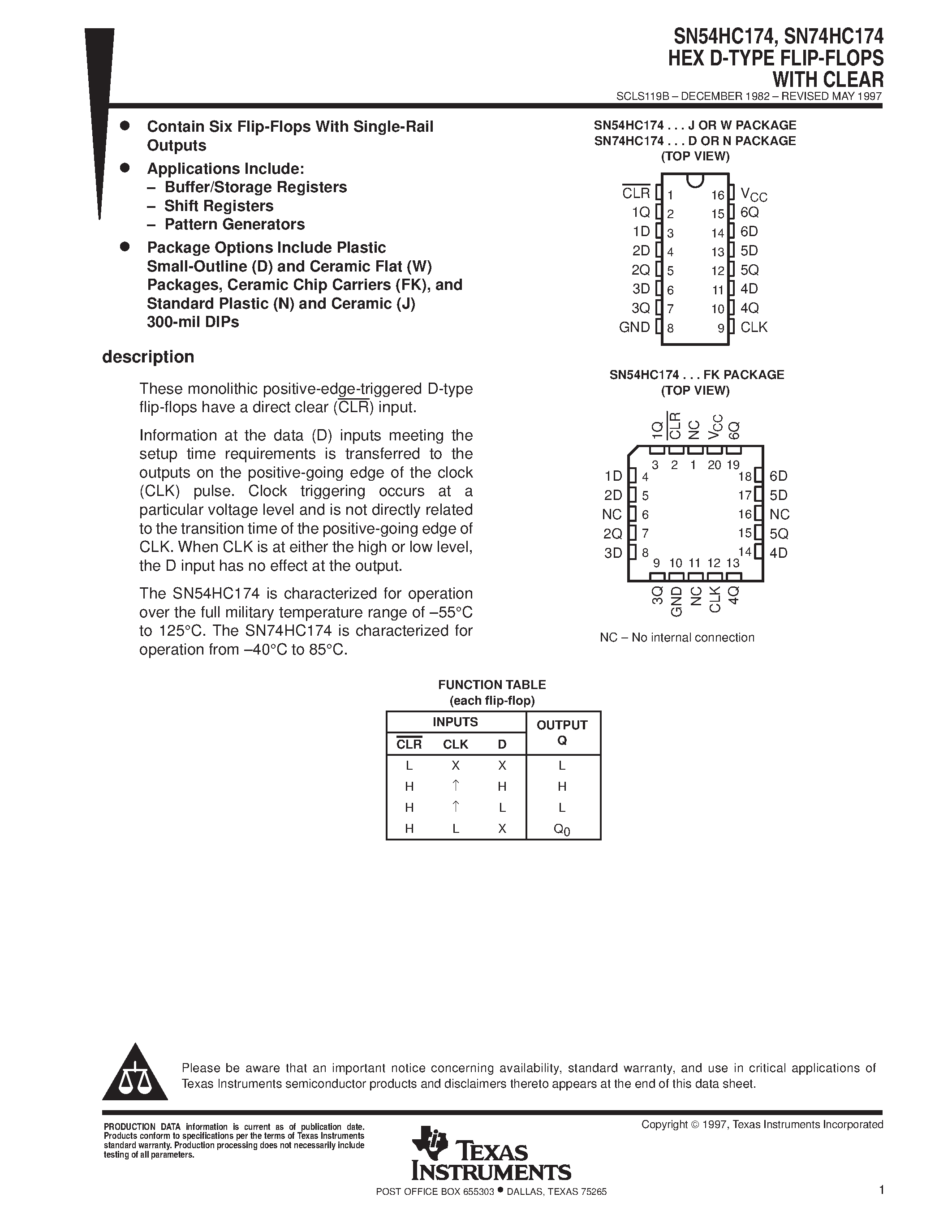 Datasheet SN74HC174 page 1 Datasheet SN74HC174 - HEX D-TYPE FLIP-FLOPS WITH CLEAR page 1