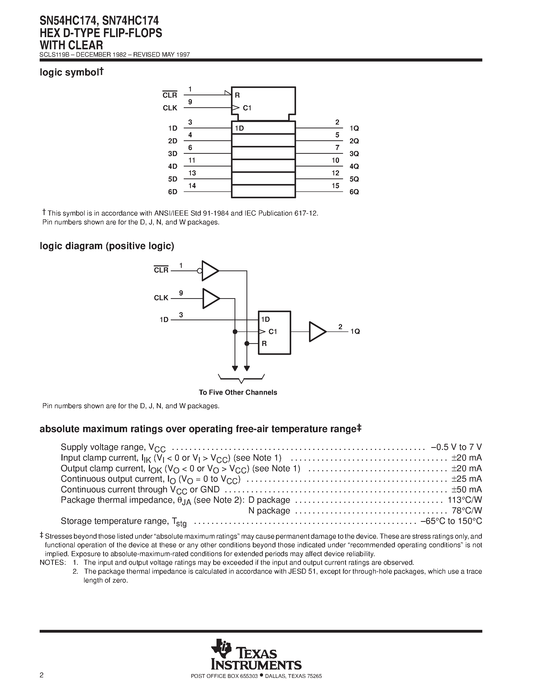 Datasheet SN74HC174 page 2 Datasheet SN74HC174 - HEX D-TYPE FLIP-FLOPS WITH CLEAR page 2
