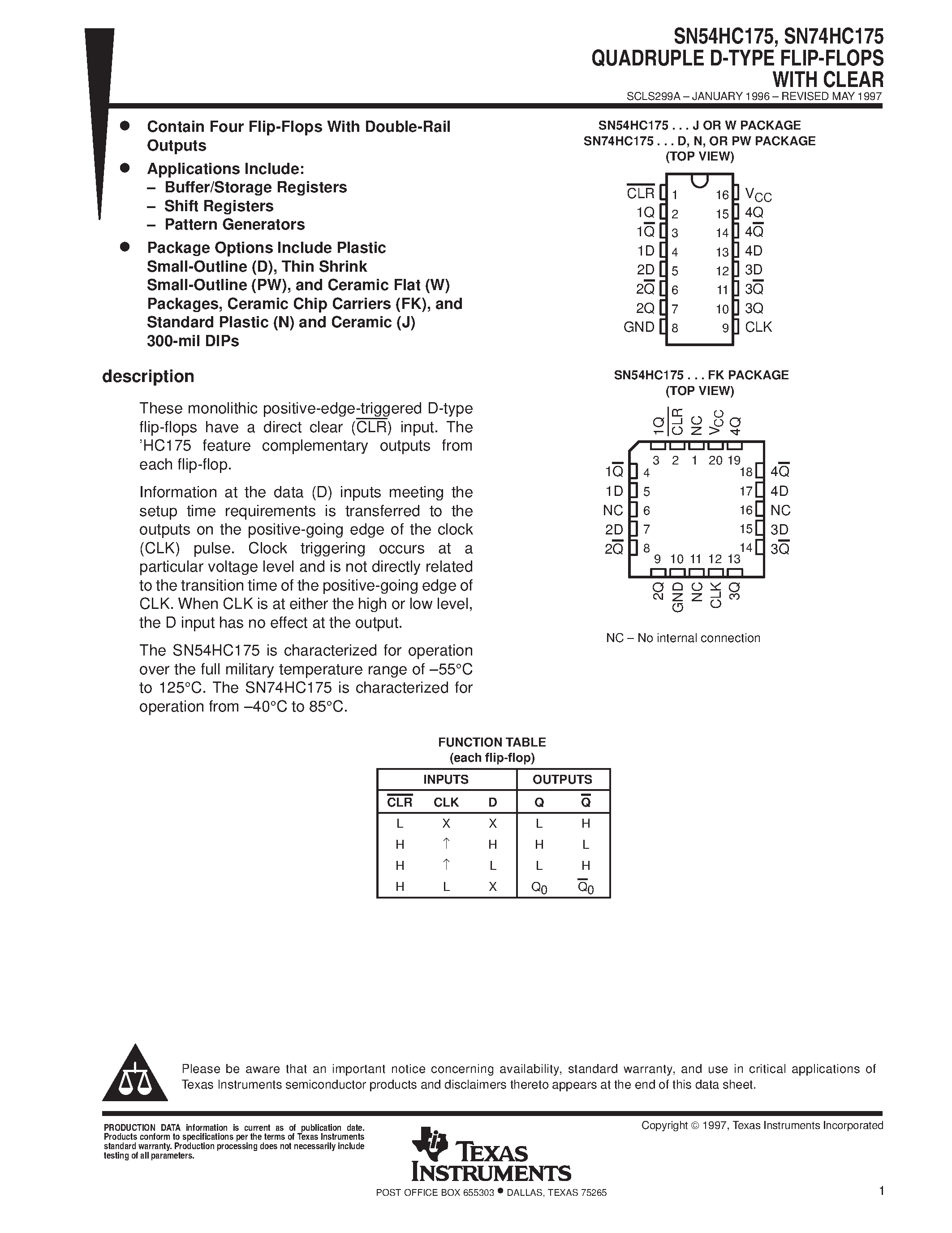 Datasheet SN74HC175 page 1 Datasheet SN74HC175 - QUADRUPLE D-TYPE FLIP-FLOPS WITH CLEAR page 1