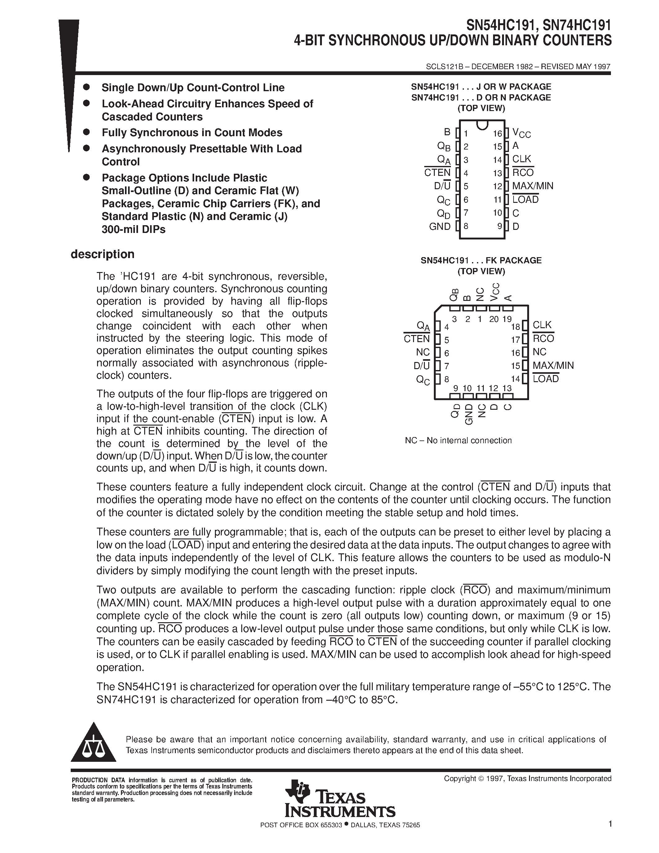 Datasheet SN74HC191 page 1 Datasheet SN74HC191 - 4-BIT SYNCHRONOUS UP/DOWN BINARY COUNTERS page 1